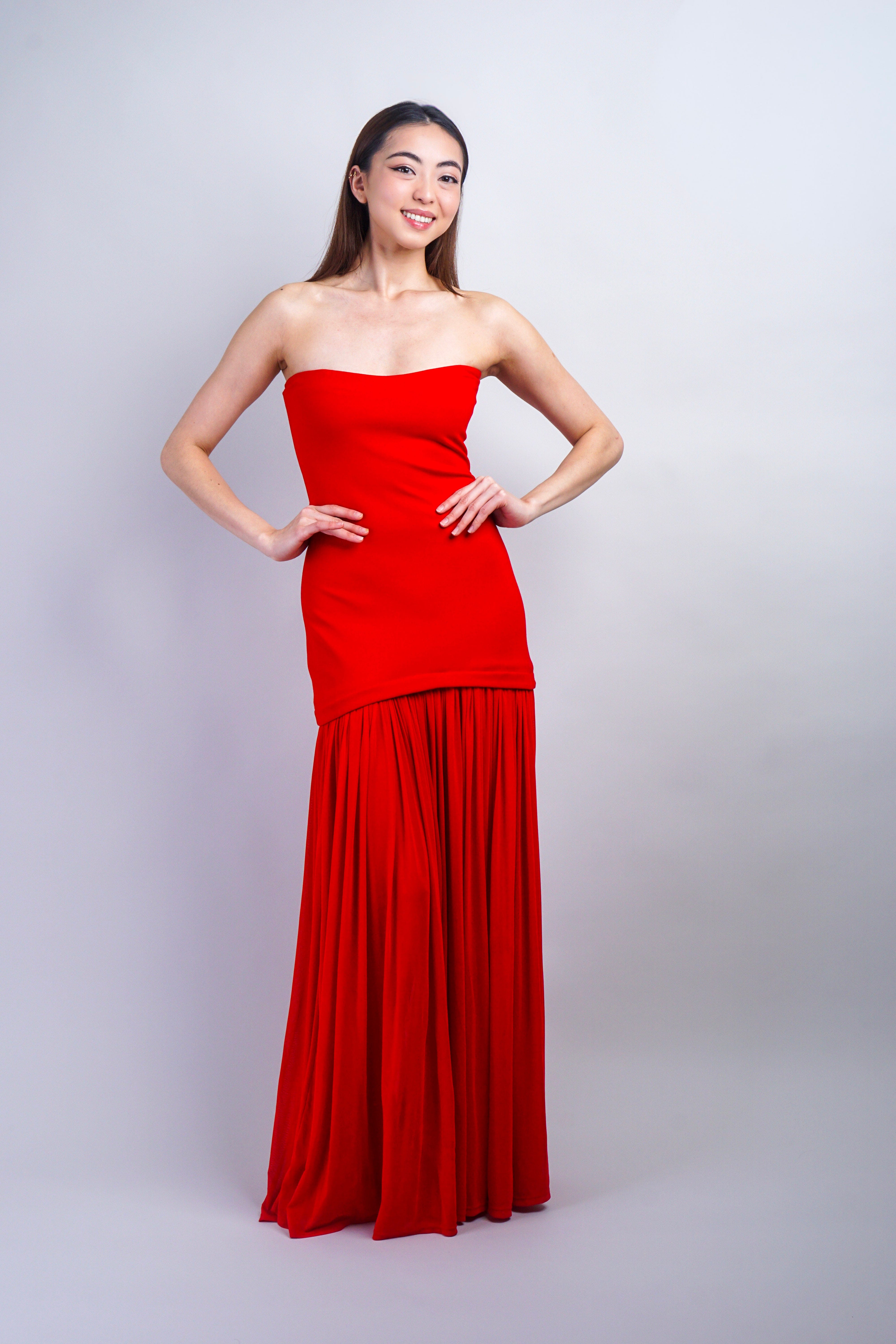 Private Label DRESSES Red Tube Shirred Chiffon Skirt Maxi Dress