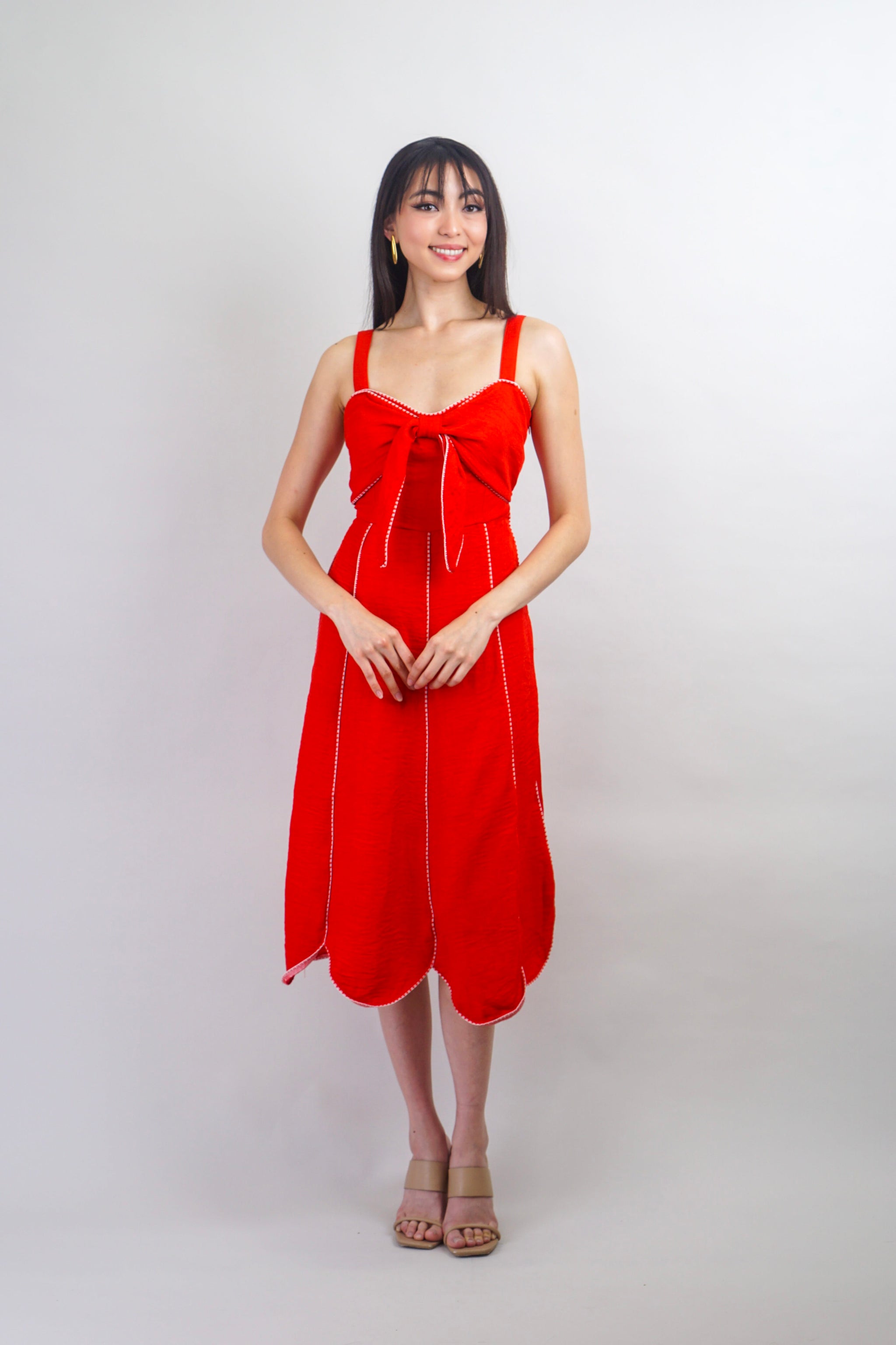 Red with White Trim Sweetheart Bow Midi Dress