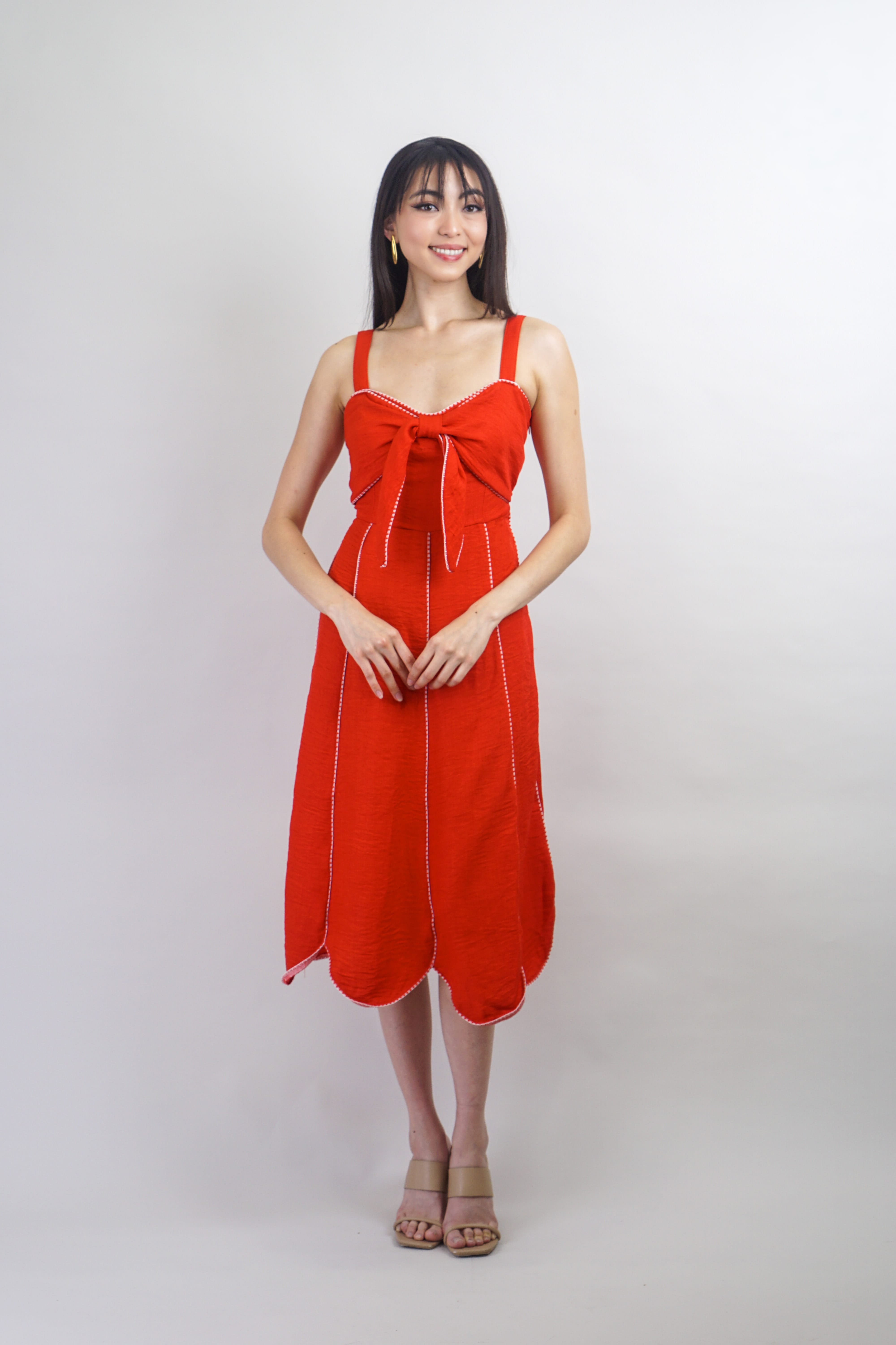 Private Label DRESSES Red with White Trim Sweetheart Bow Midi Dress