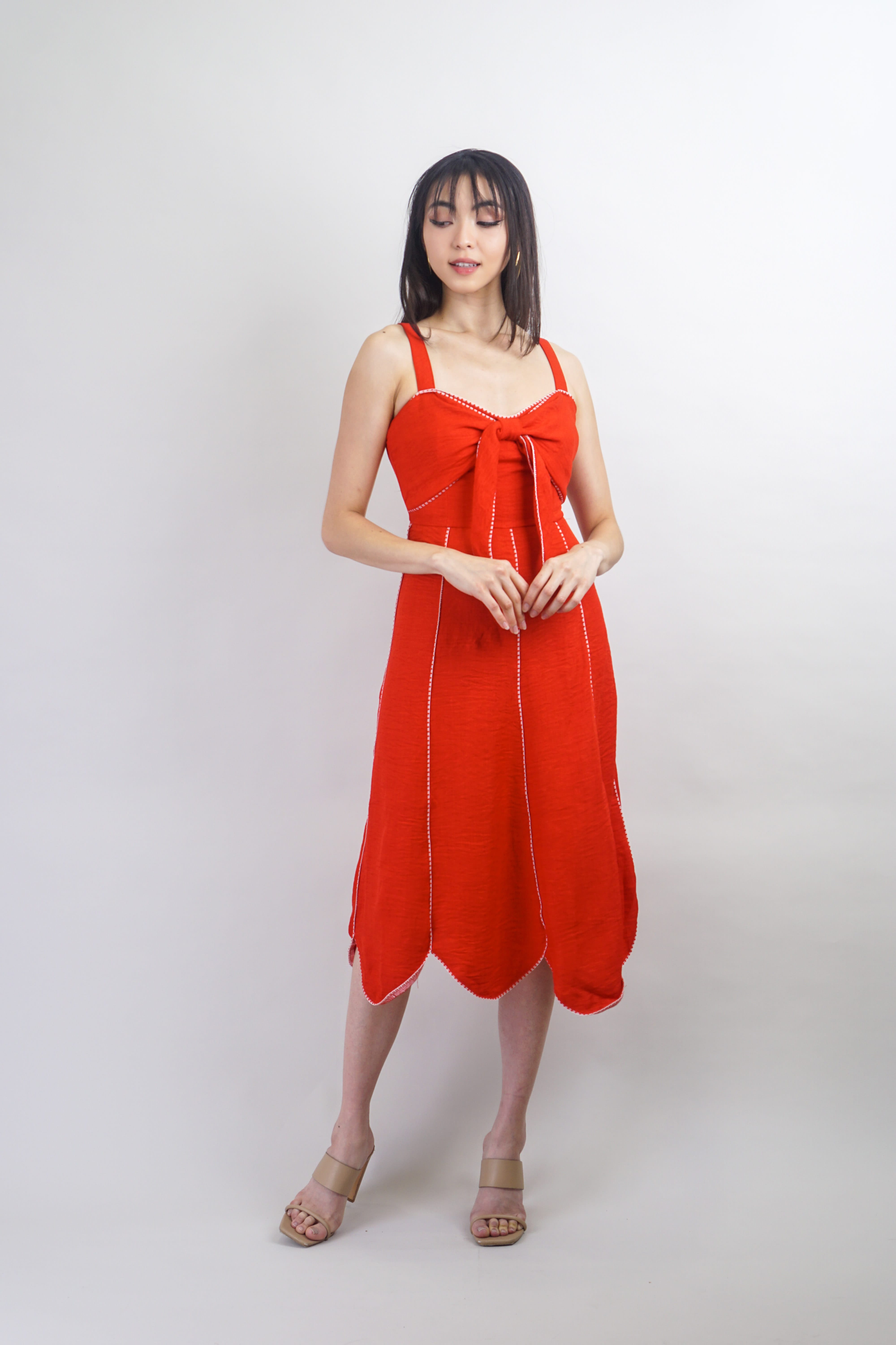 Private Label DRESSES Red with White Trim Sweetheart Bow Midi Dress