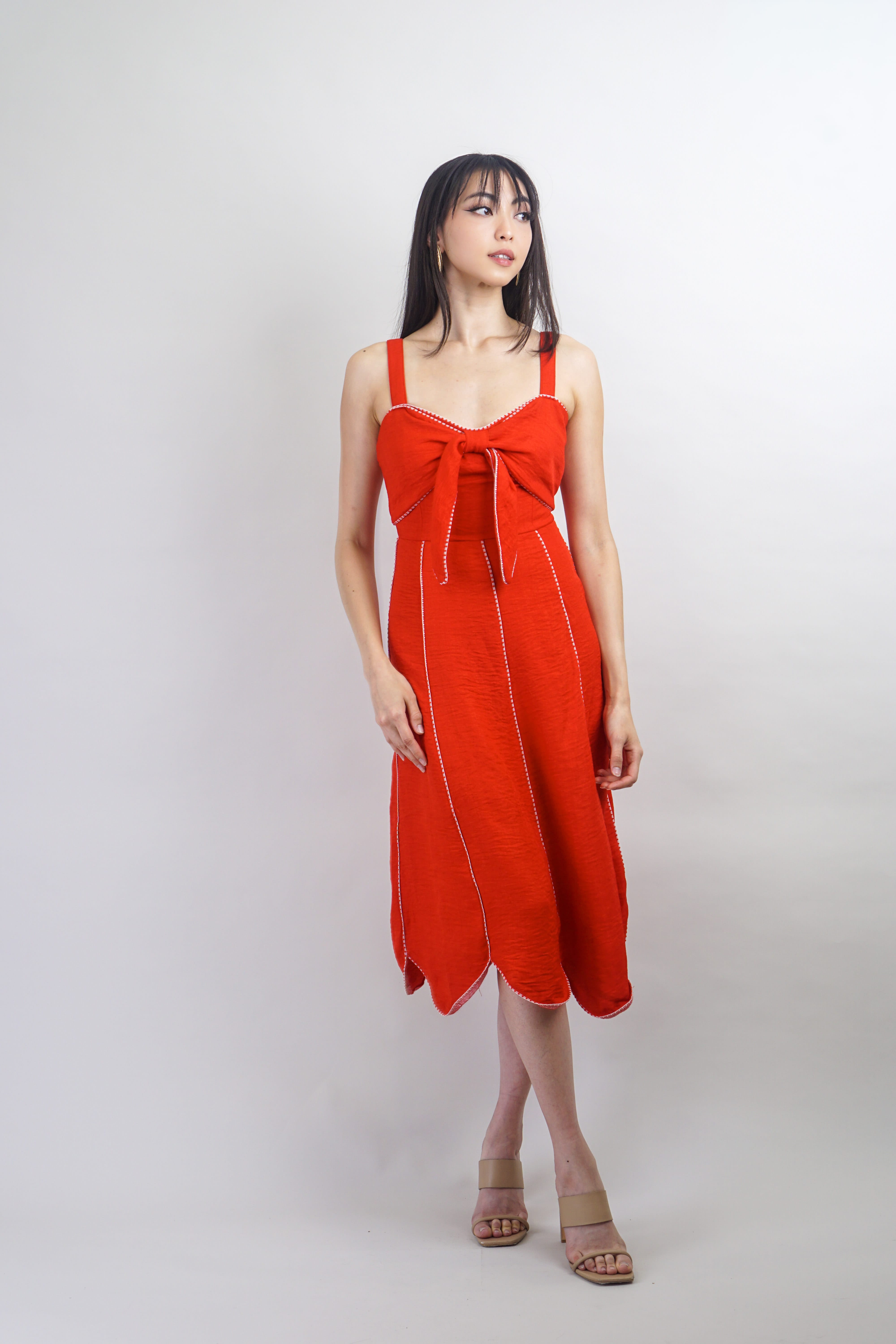Private Label DRESSES Red with White Trim Sweetheart Bow Midi Dress