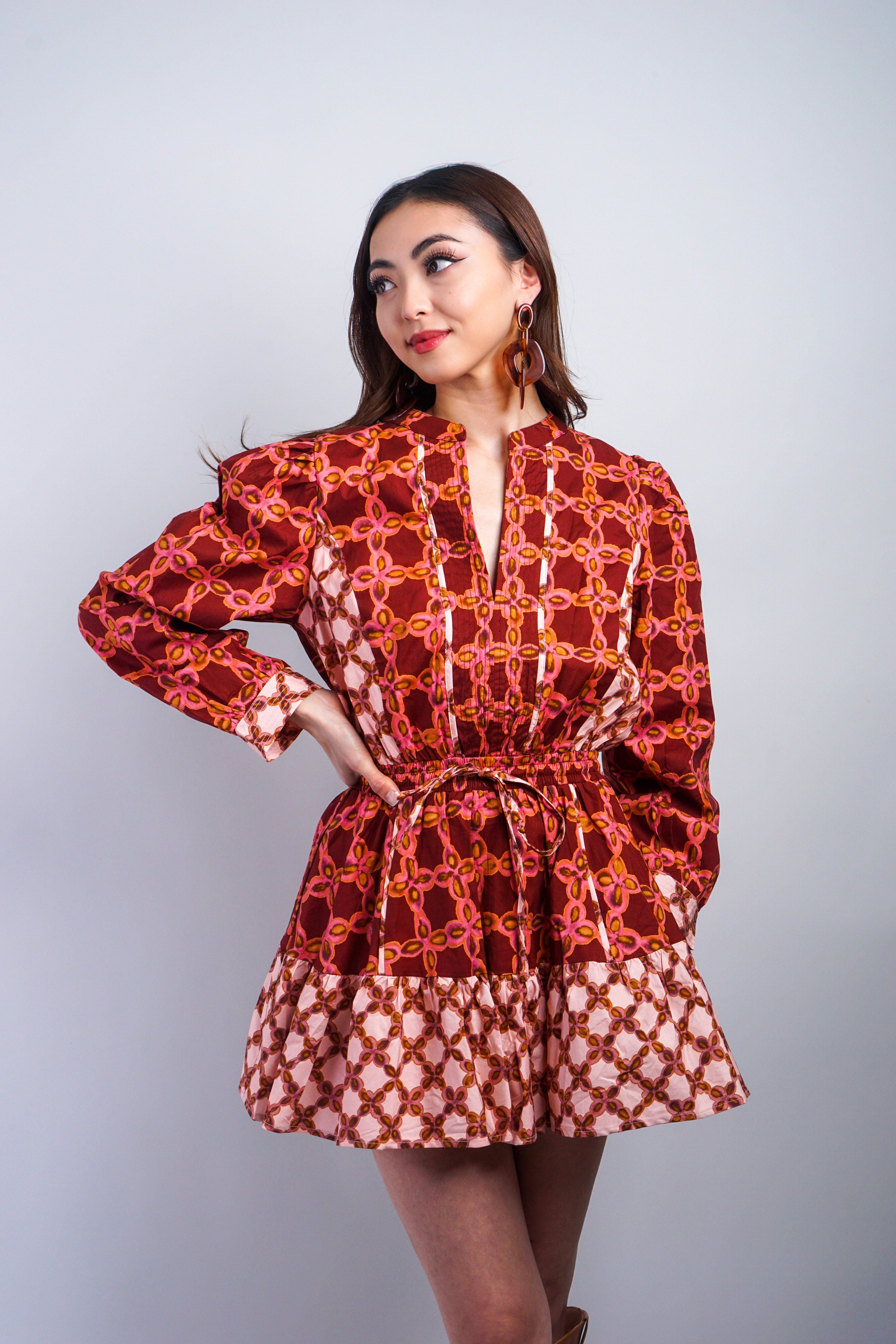 Private Label DRESSES Rust Printed Color Block Skater Dress