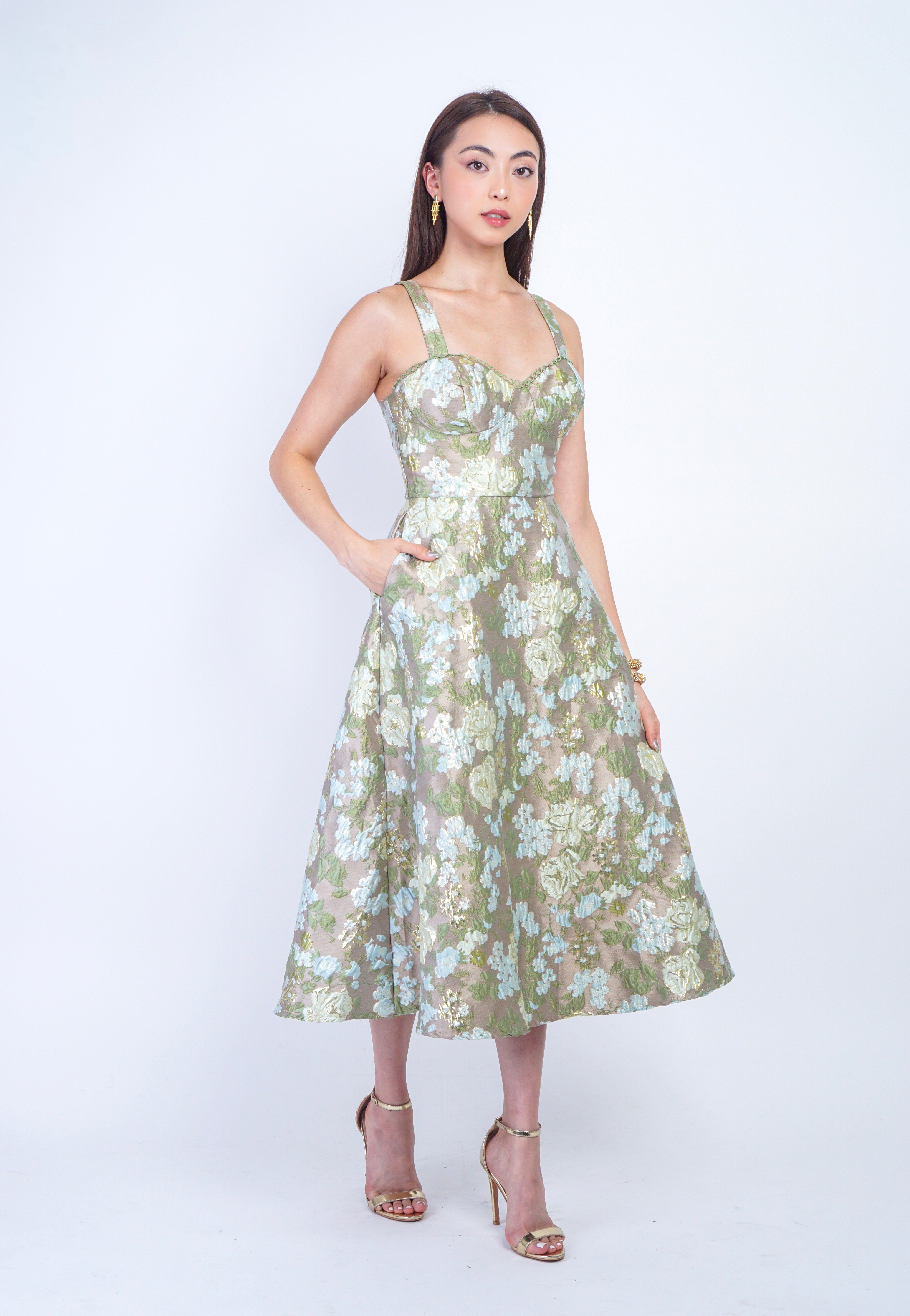 Private Label DRESSES Sage/Gold Brocade Floral Corset Full Skirt Midi Dress