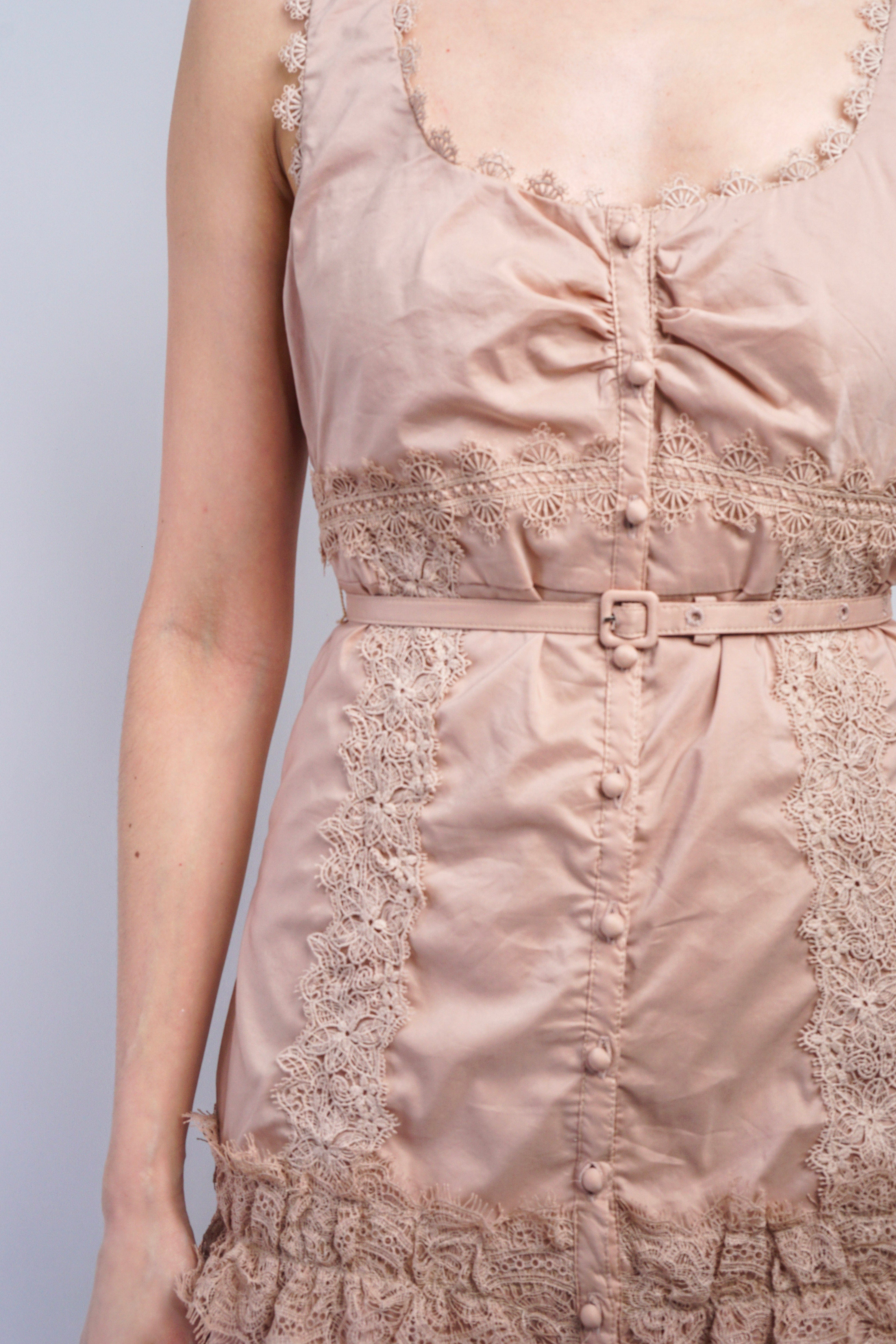 Private Label DRESSES Sand Square Neck Lace Trim Dress