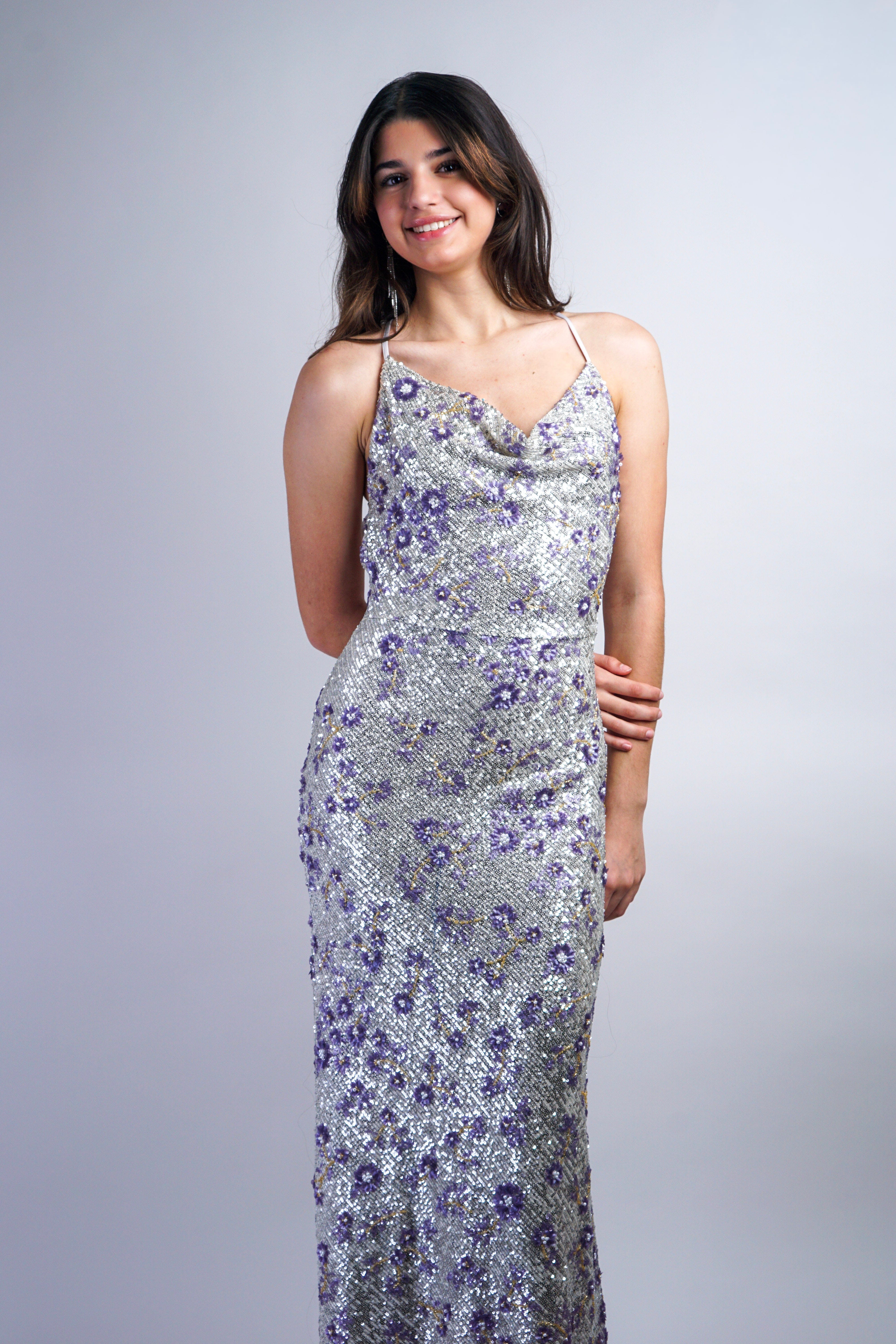 Private Label DRESSES Silver Lavender Floral Sequin Cowl Neck Gown
