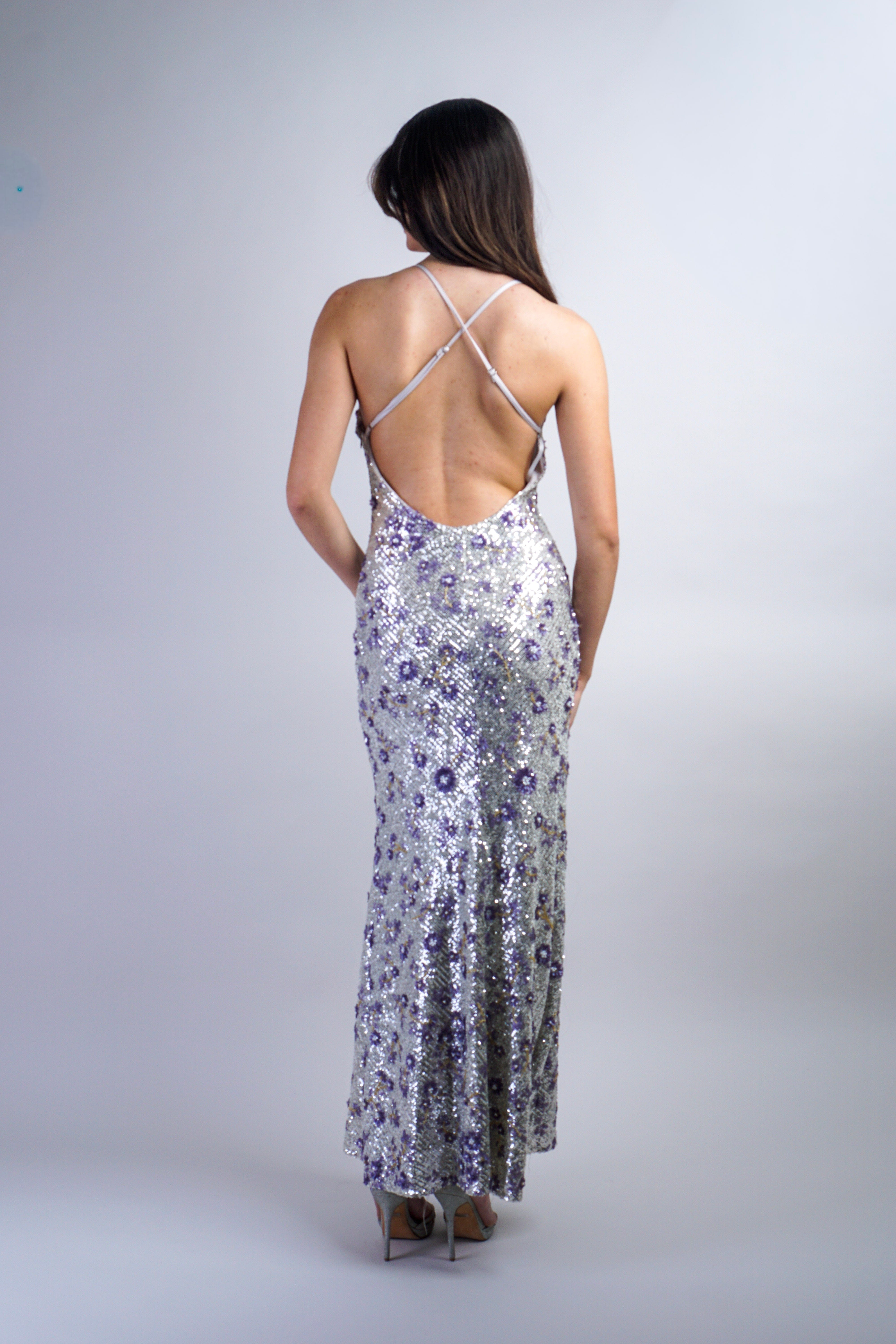 Private Label DRESSES Silver Lavender Floral Sequin Cowl Neck Gown