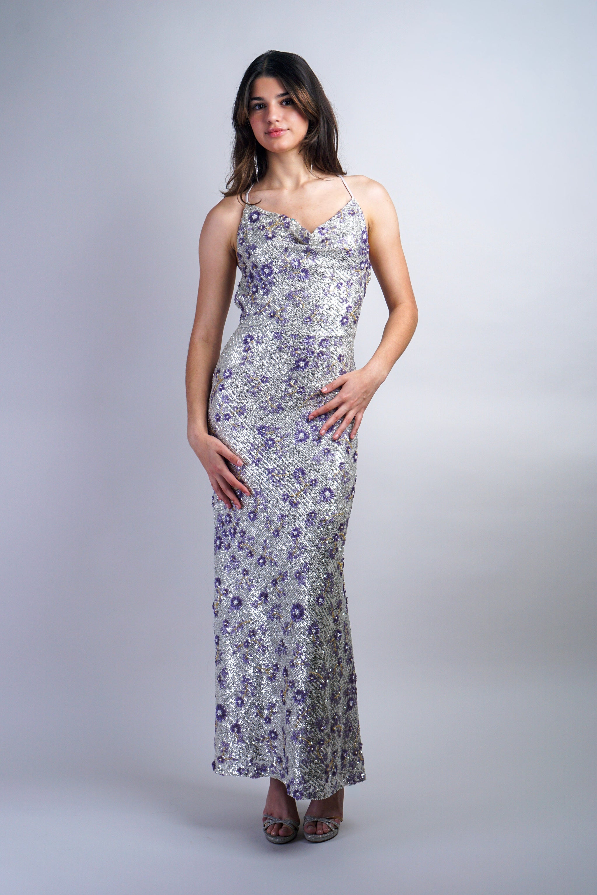 Silver Floral Sequin Gown | Women's Clothing and Accessories