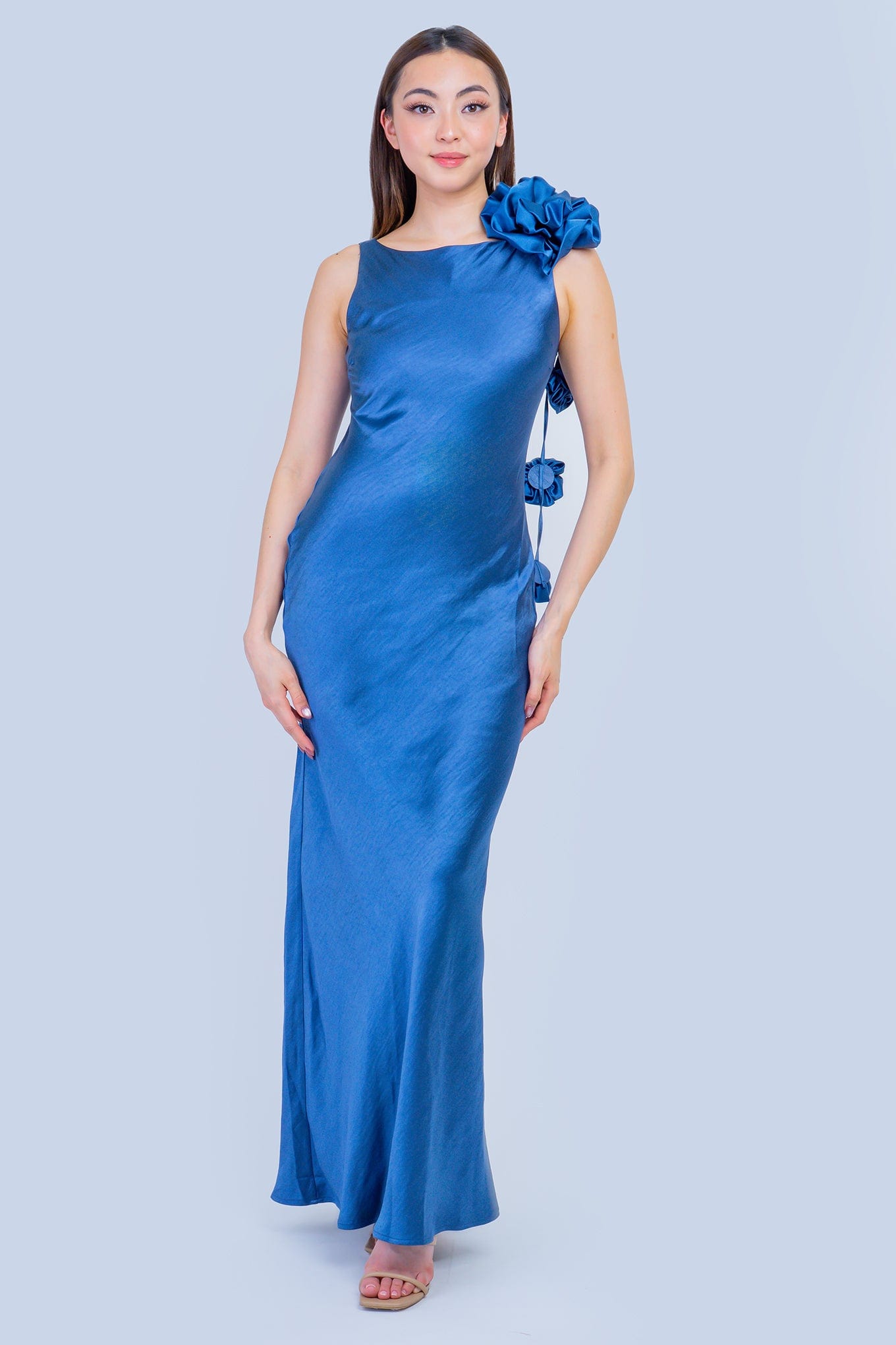 DCD DRESSES Slate Blue Bateau Flowers Back Cowl Gown