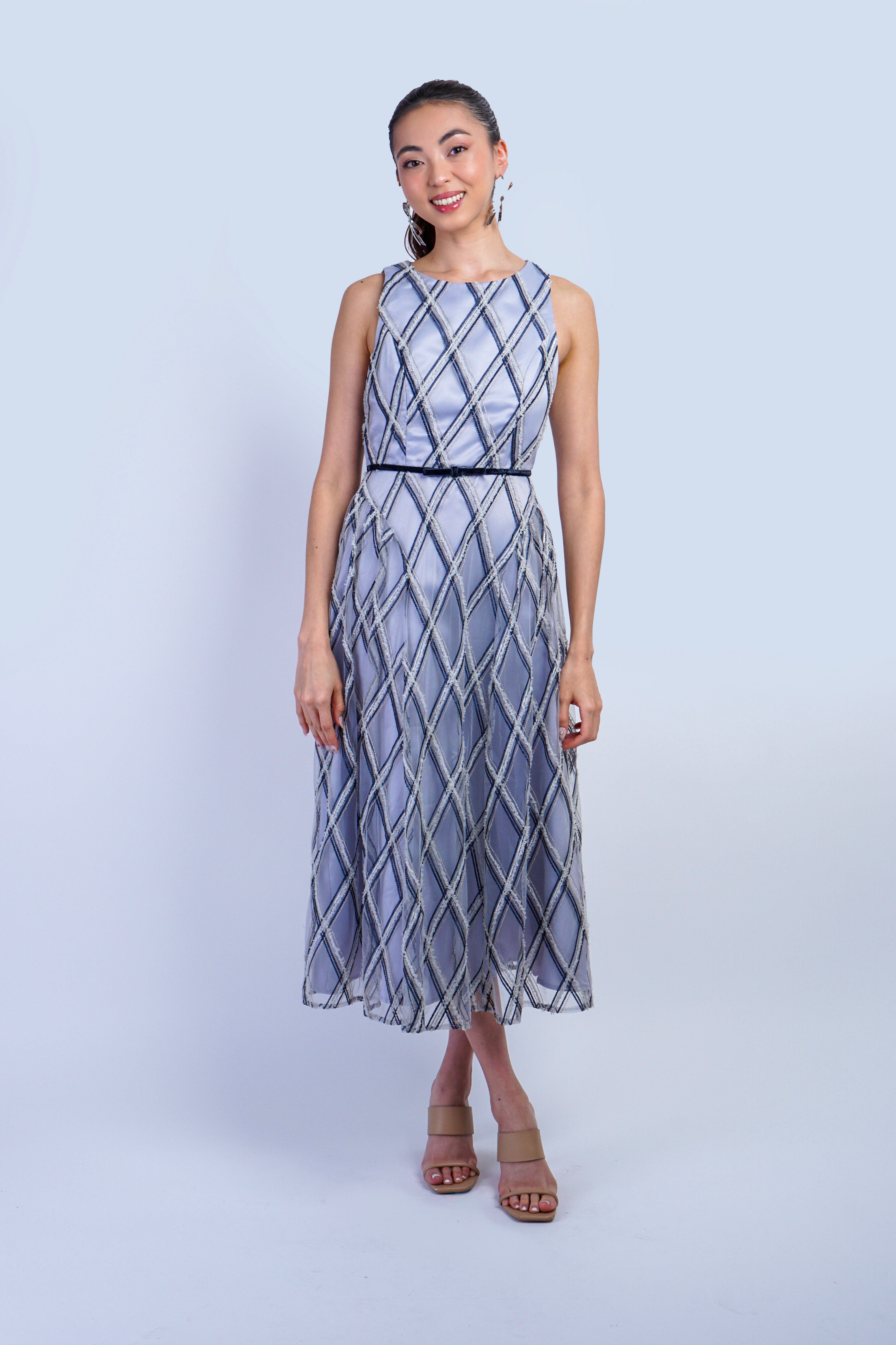 Private Label DRESSES Sliver & Navy Geo Pattern Embroidered Midi Dress
