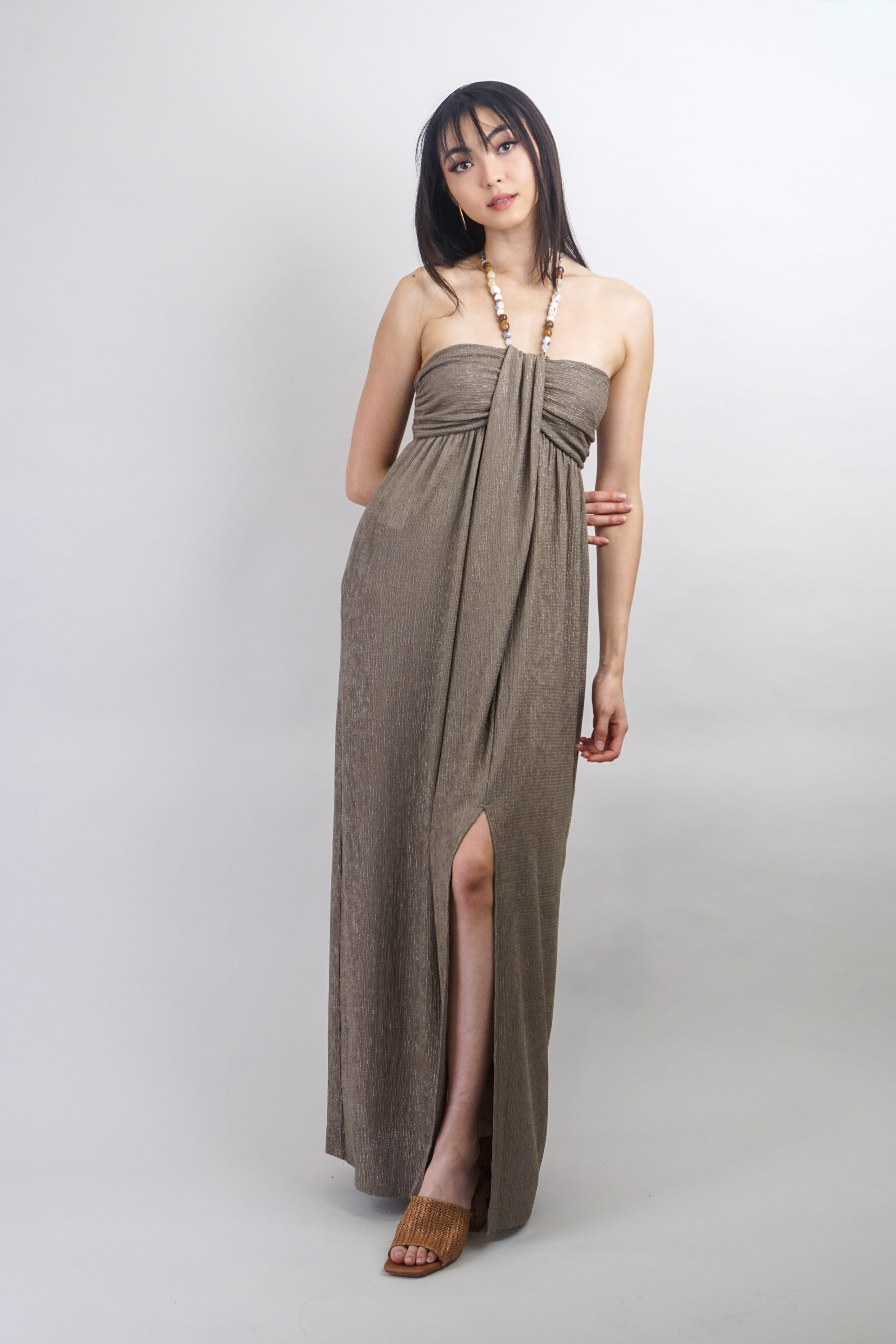 Private Label DRESSES Stone Beaded Halter Slit Maxi Dress