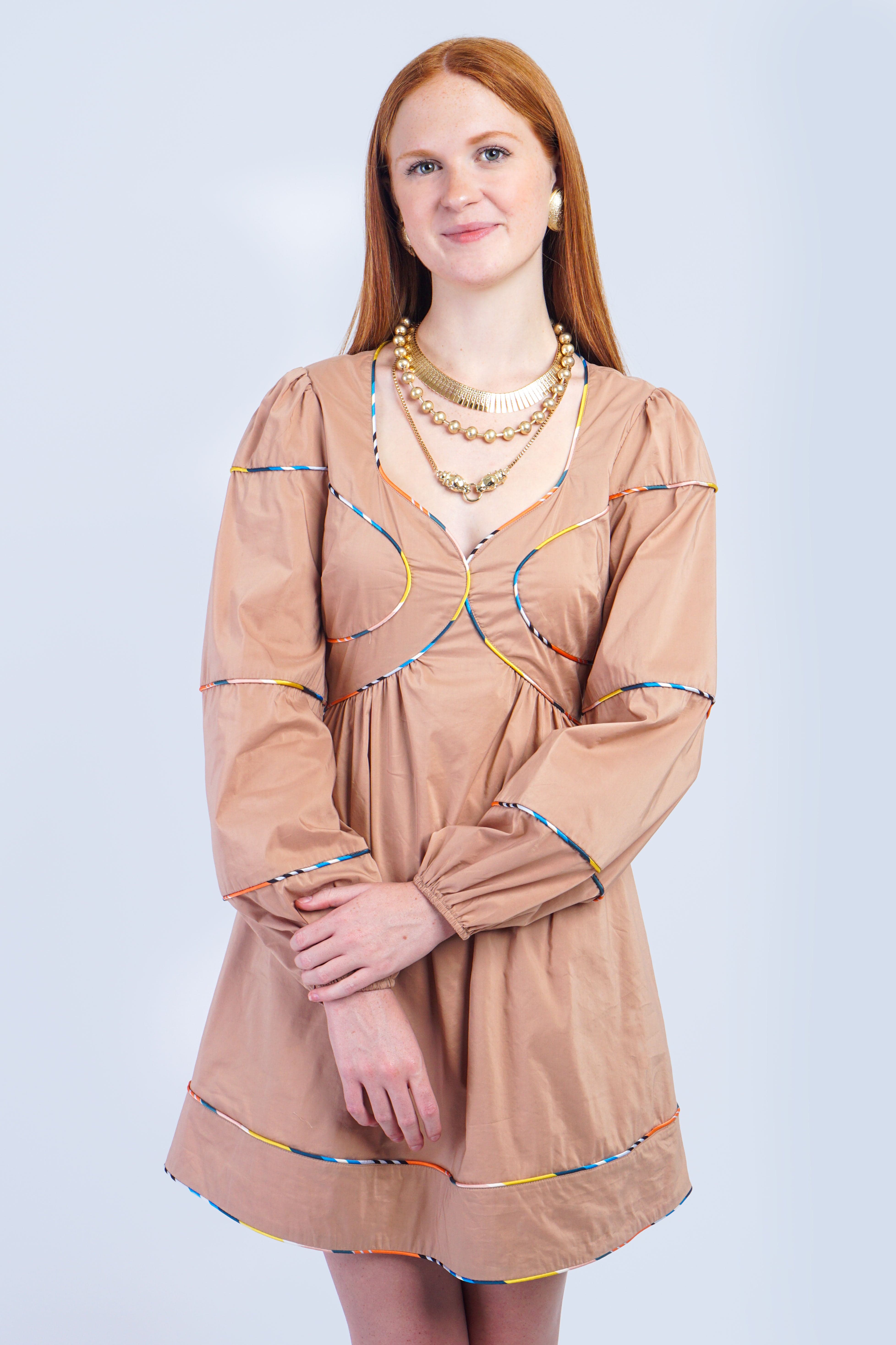 Private Label Dresses Tan Contrast Multi Color Piping Mini Dress