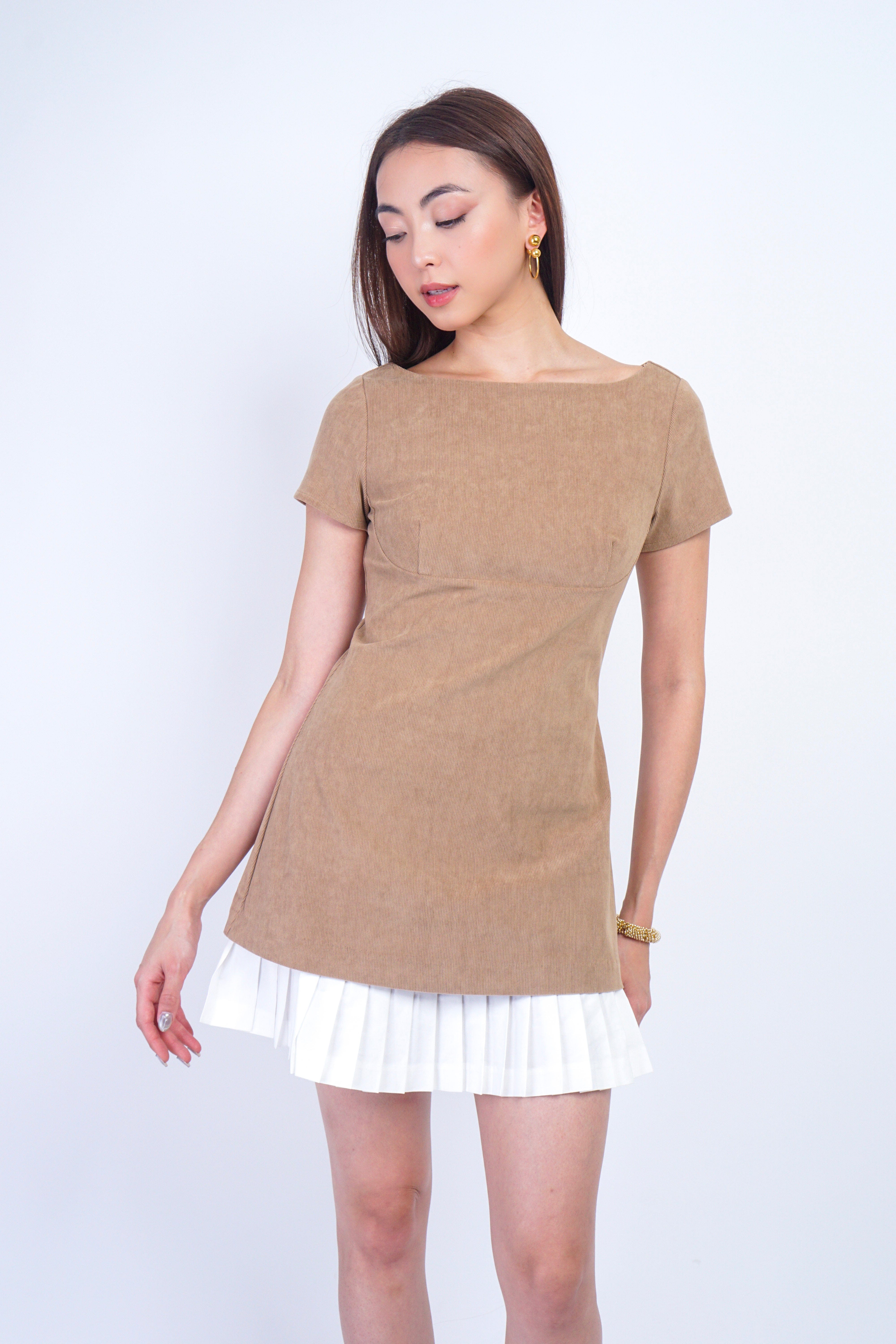 Private Label DRESSES Tan Corduroy White Pleat Hem Dress