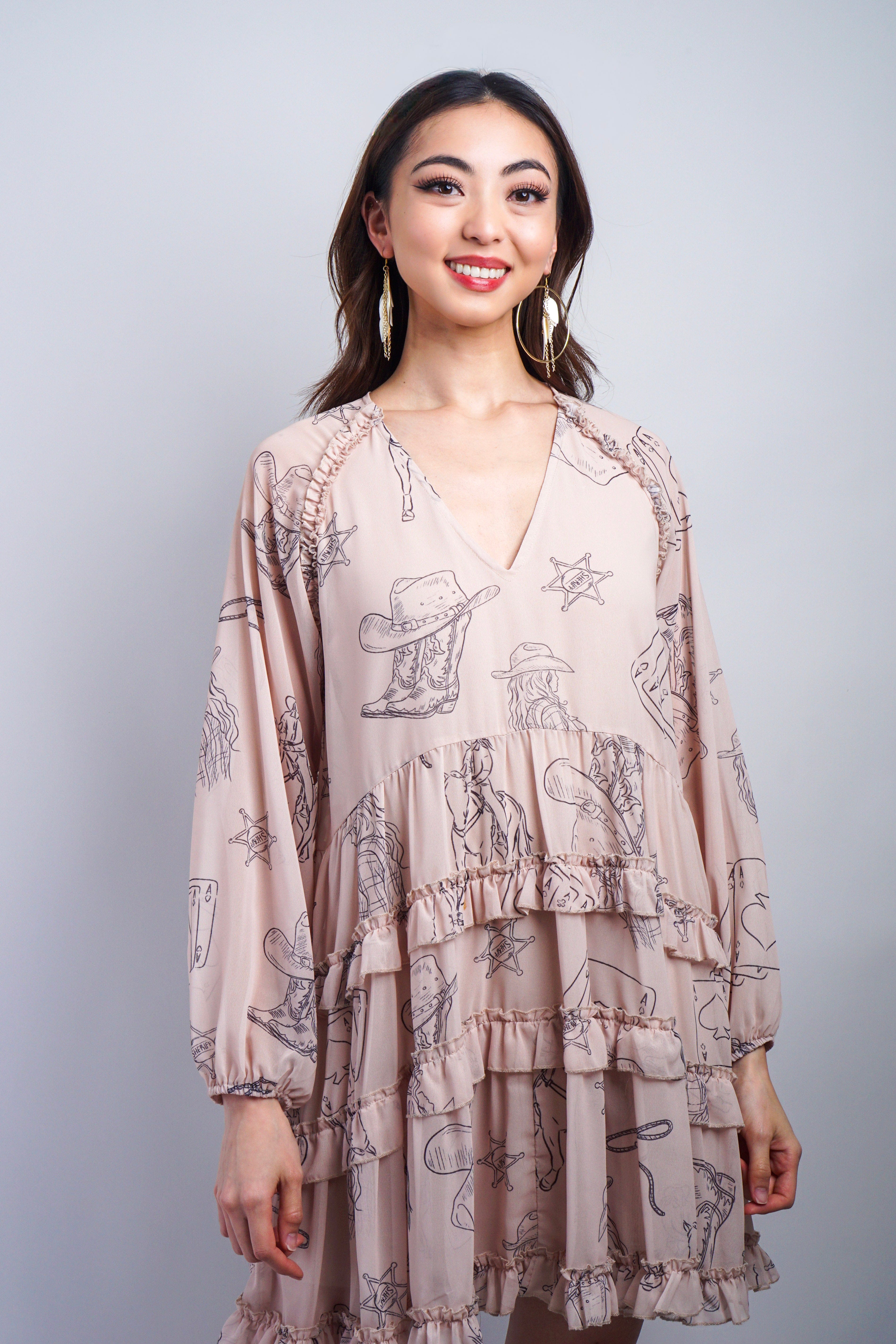 Private Label DRESSES Taupe Cowboy Printed V-Neck Mini Dress