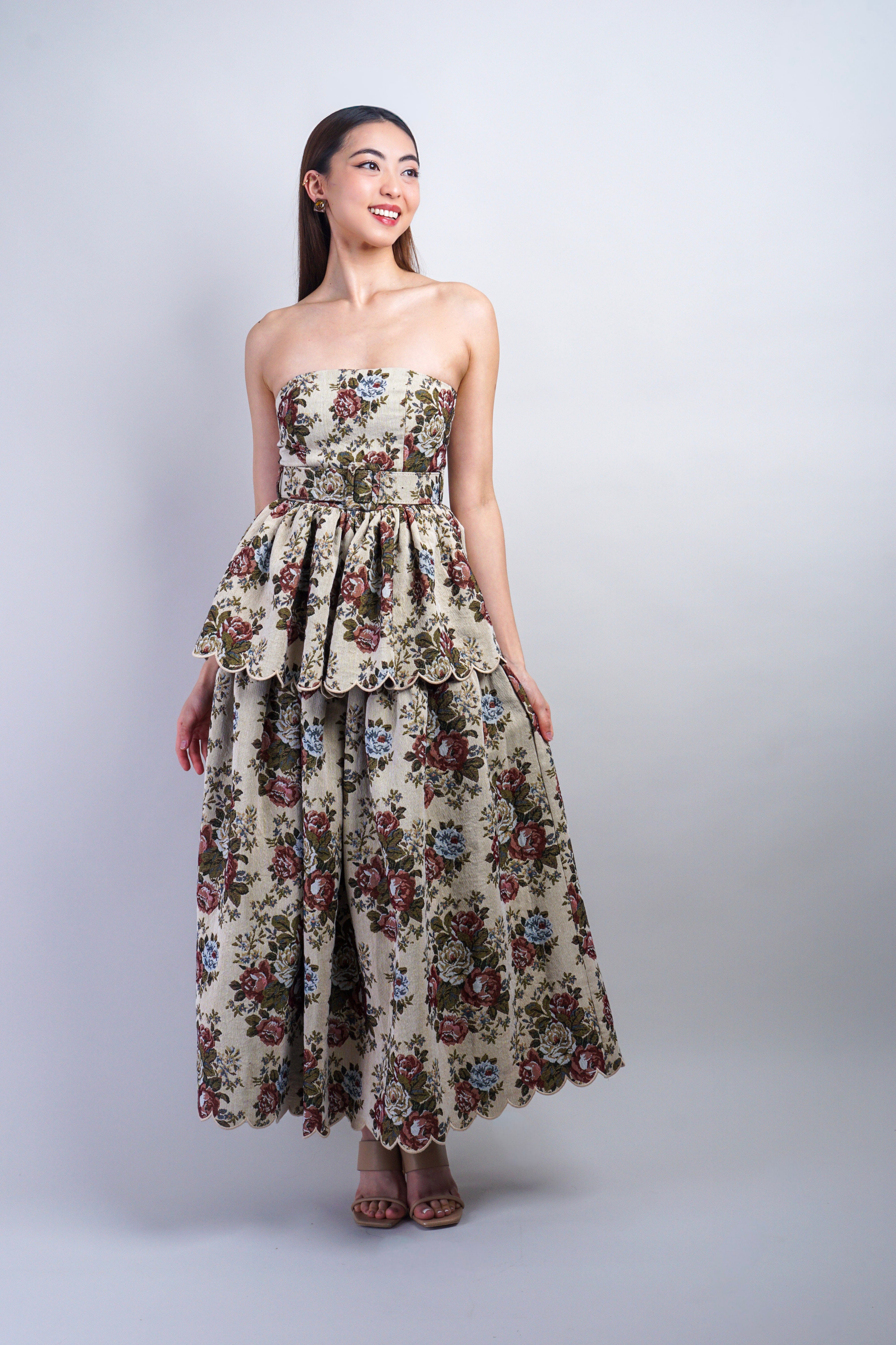 Private Label DRESSES Taupe Floral Jacquard Belted Midi Dress