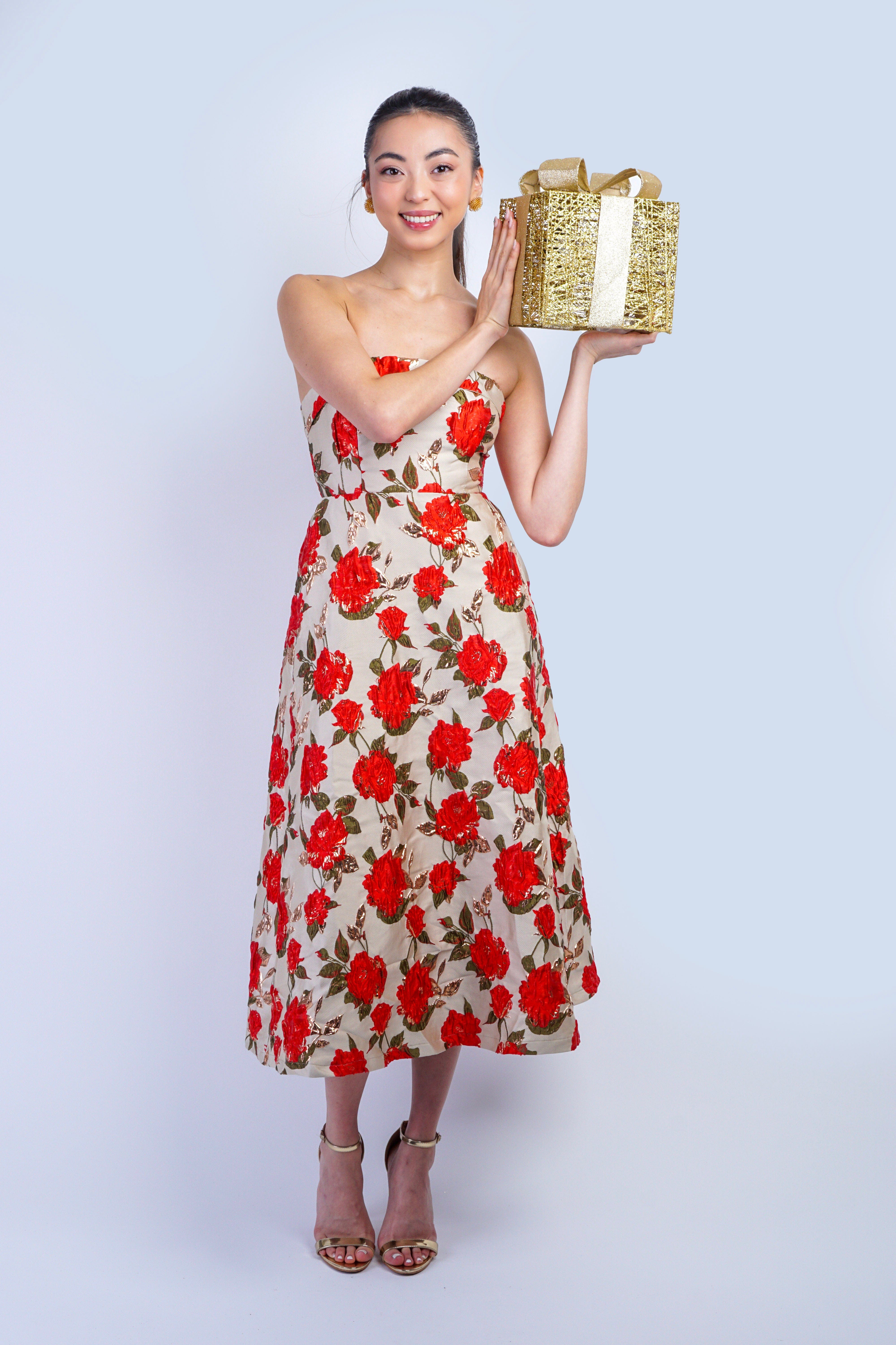 Private Label DRESSES Taupe/Red/Gold Rose Jacquard Tube Midi Dress