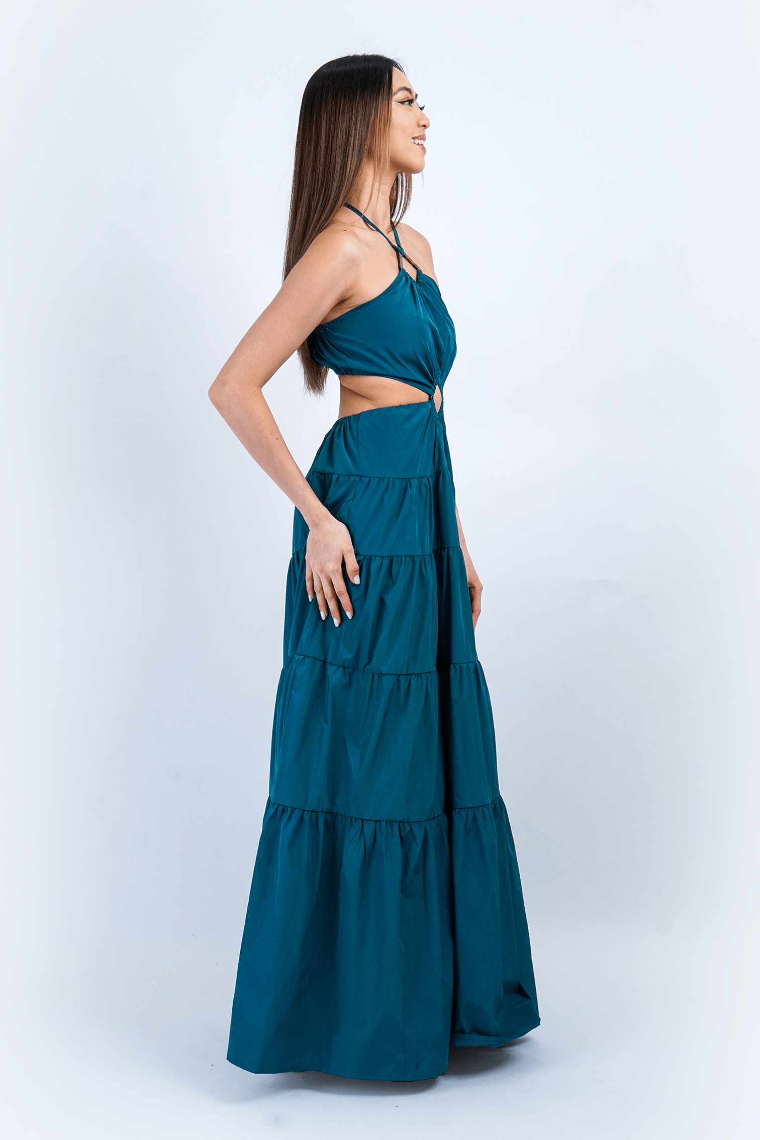 DCD DRESSES Teal Diamond Halter Cut Out Maxi