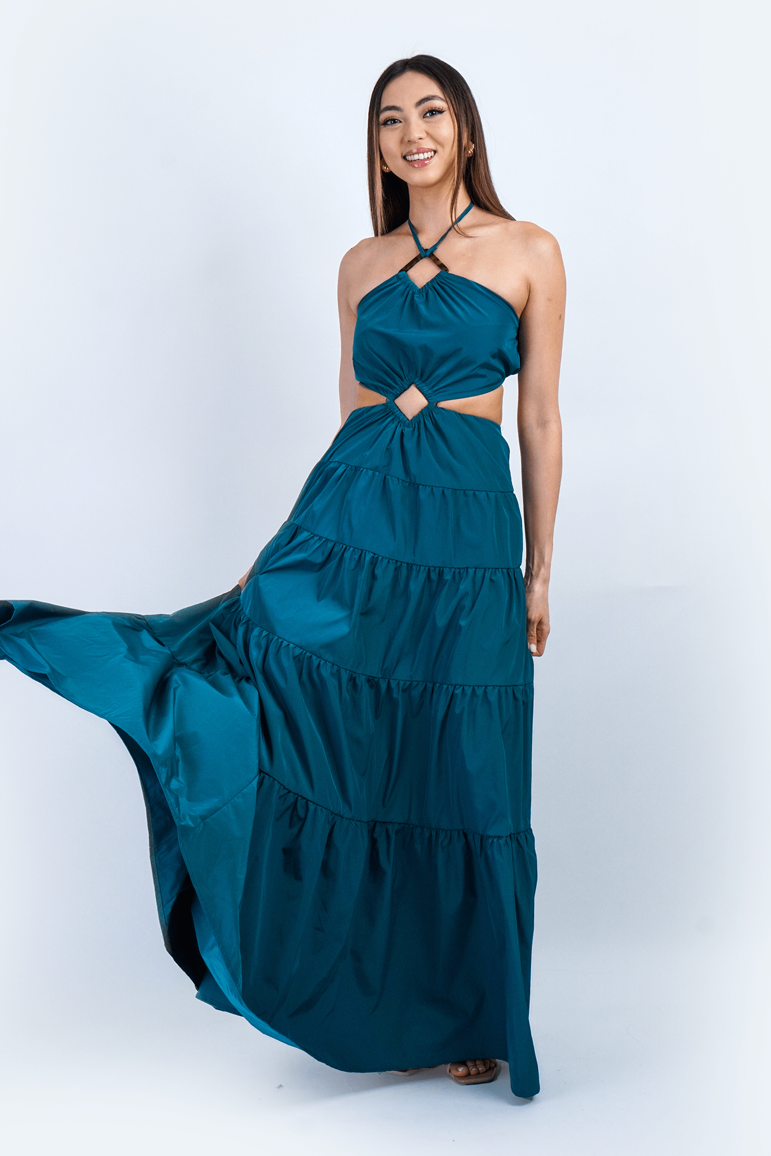 DCD DRESSES Teal Diamond Halter Cut Out Maxi