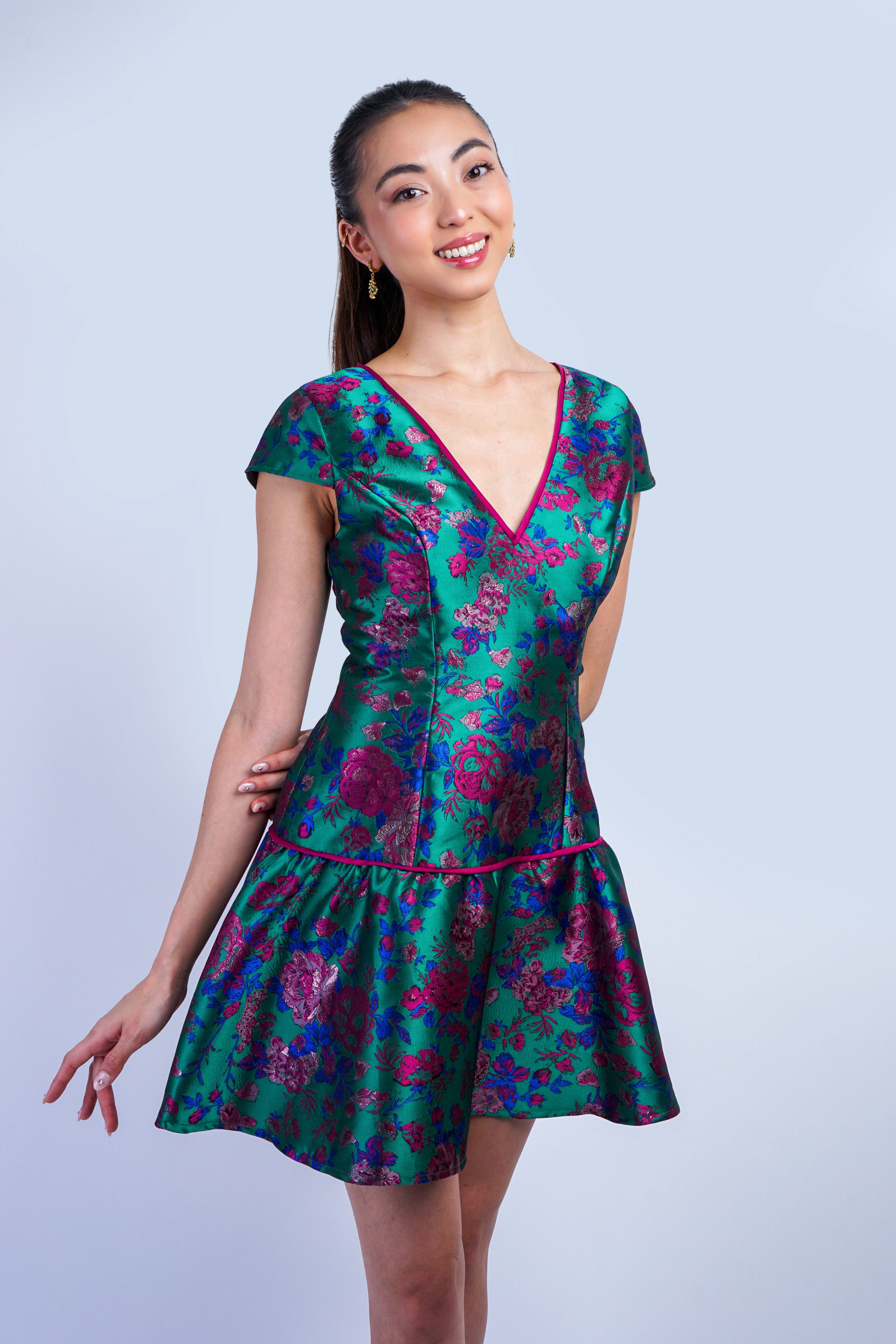 Private Label DRESSES Teal Floral V-Neck A line Drop Waist Dress