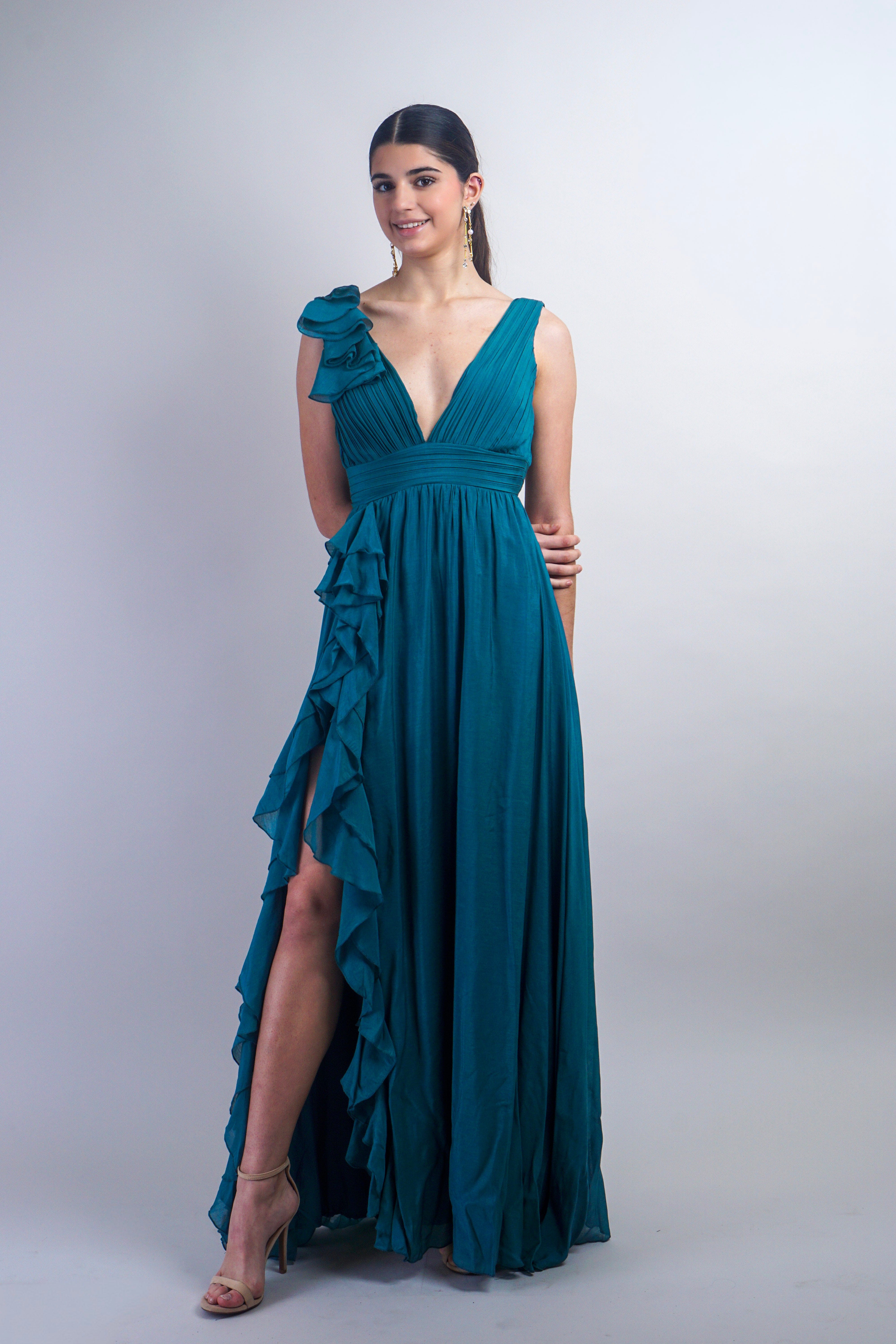 Private Label DRESSES Teal Pleated Ruffle Slit Gown