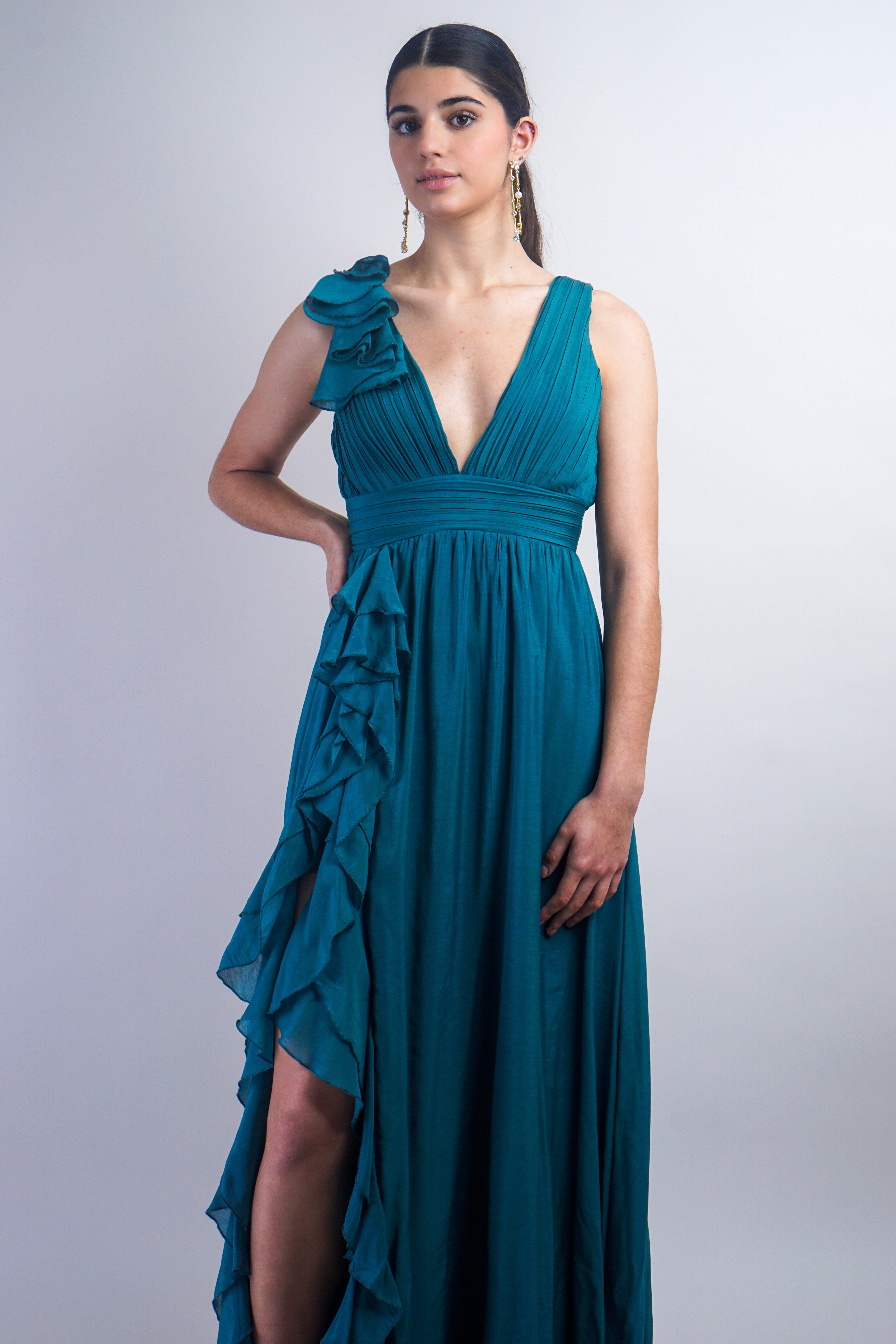 Private Label DRESSES Teal Pleated Ruffle Slit Gown