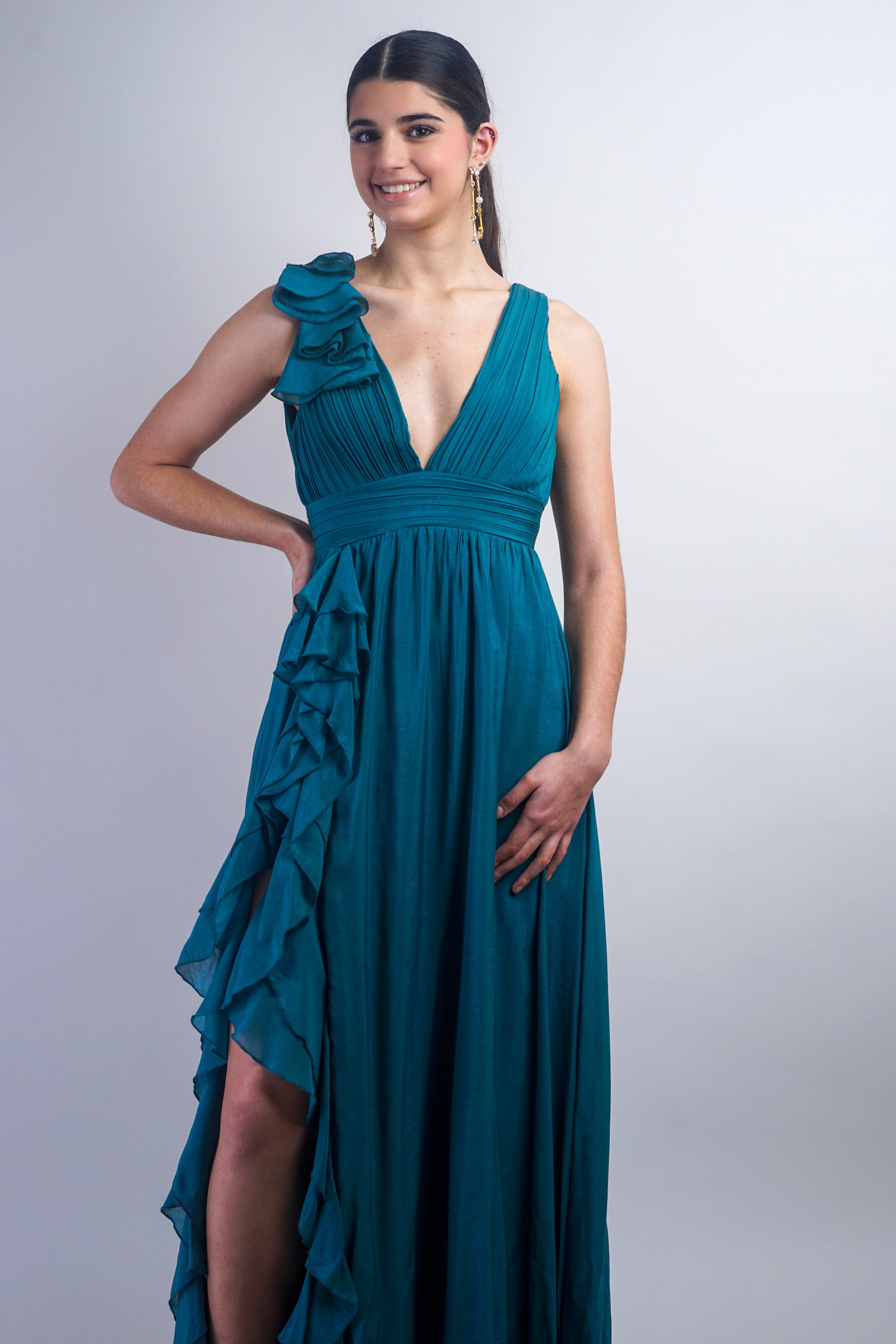 Private Label DRESSES Teal Pleated Ruffle Slit Gown