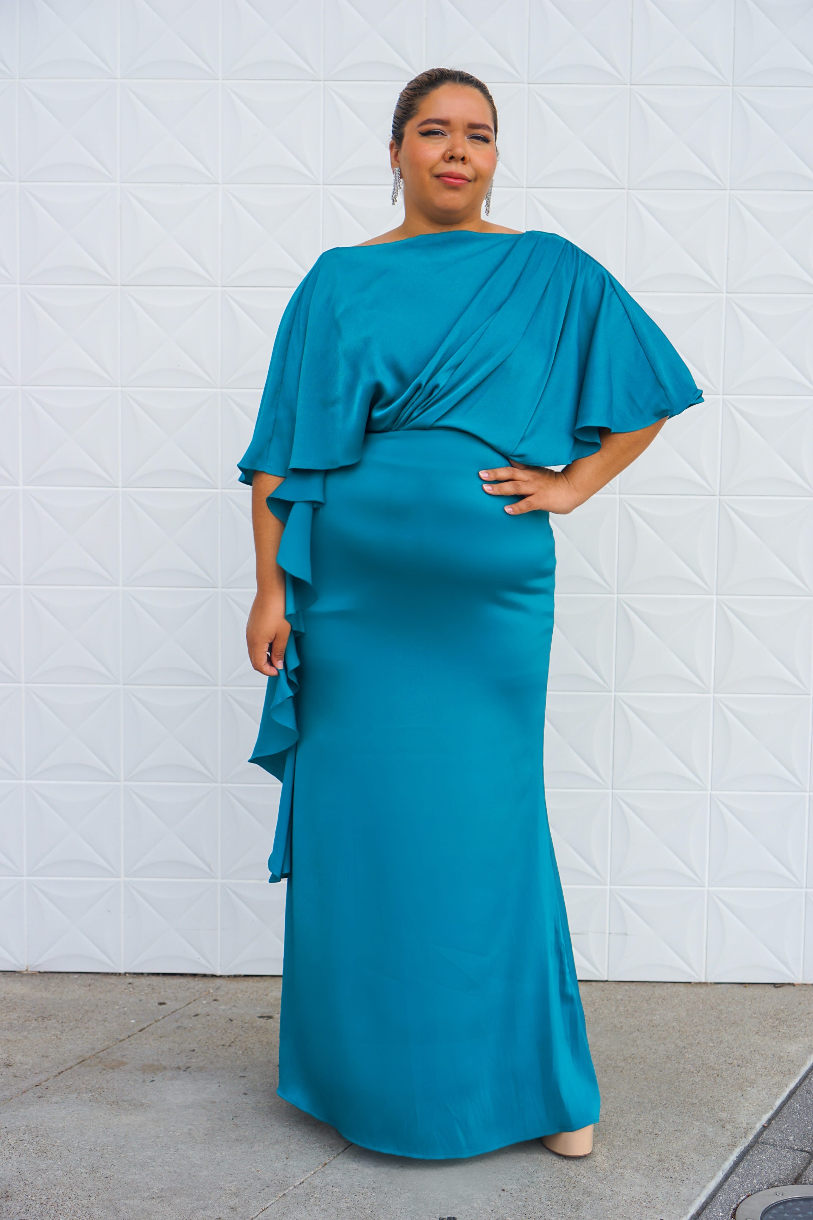 Private Label DRESSES Teal Plus Gown With Sleeve