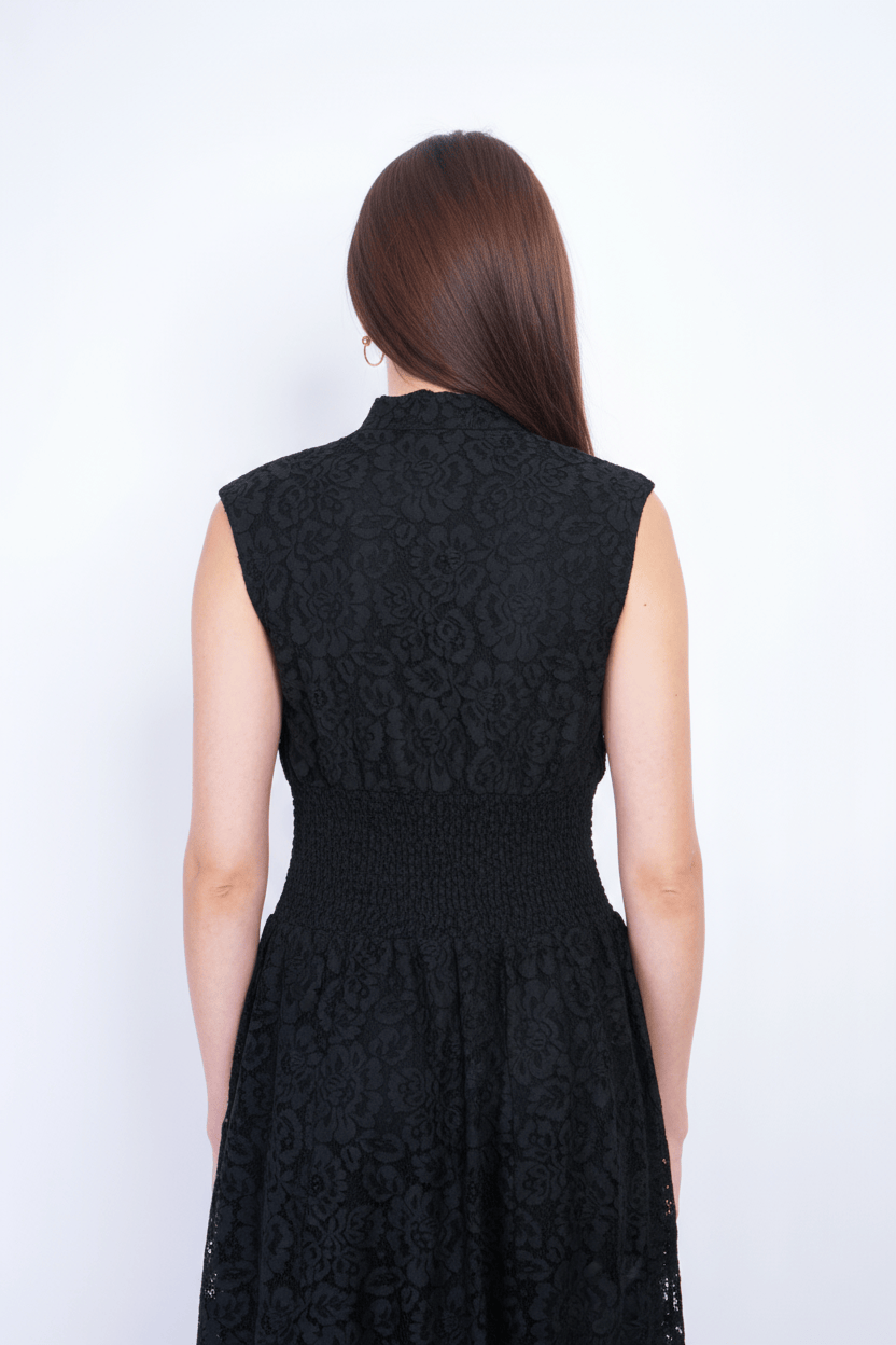 Private Label DRESSES V-Neckline Black Petal Zip Front Midi Dress