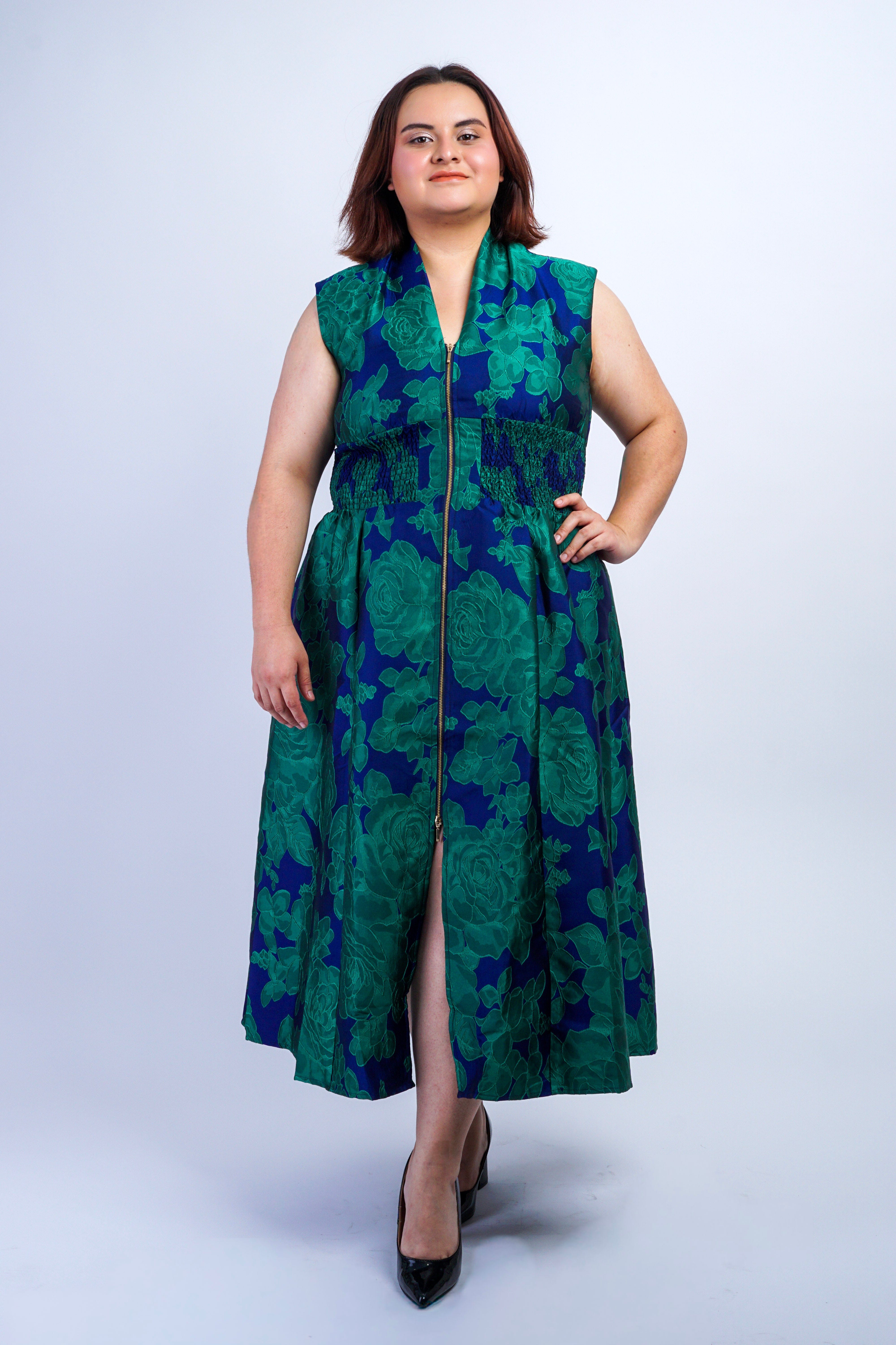 Private Label DRESSES V-Neckline Blue Green Floral Zip Front Midi Dress