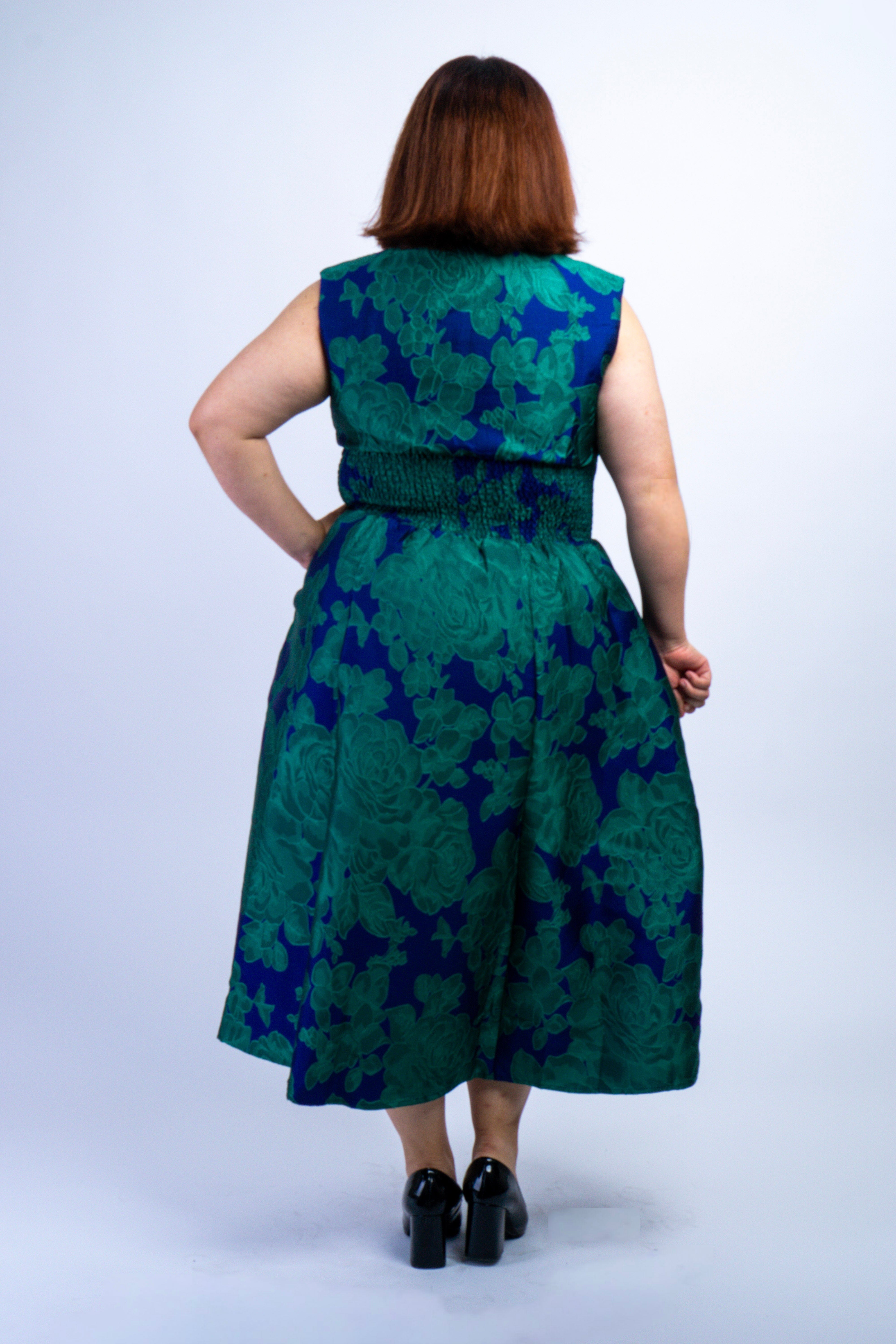 Private Label DRESSES V-Neckline Blue Green Floral Zip Front Midi Dress