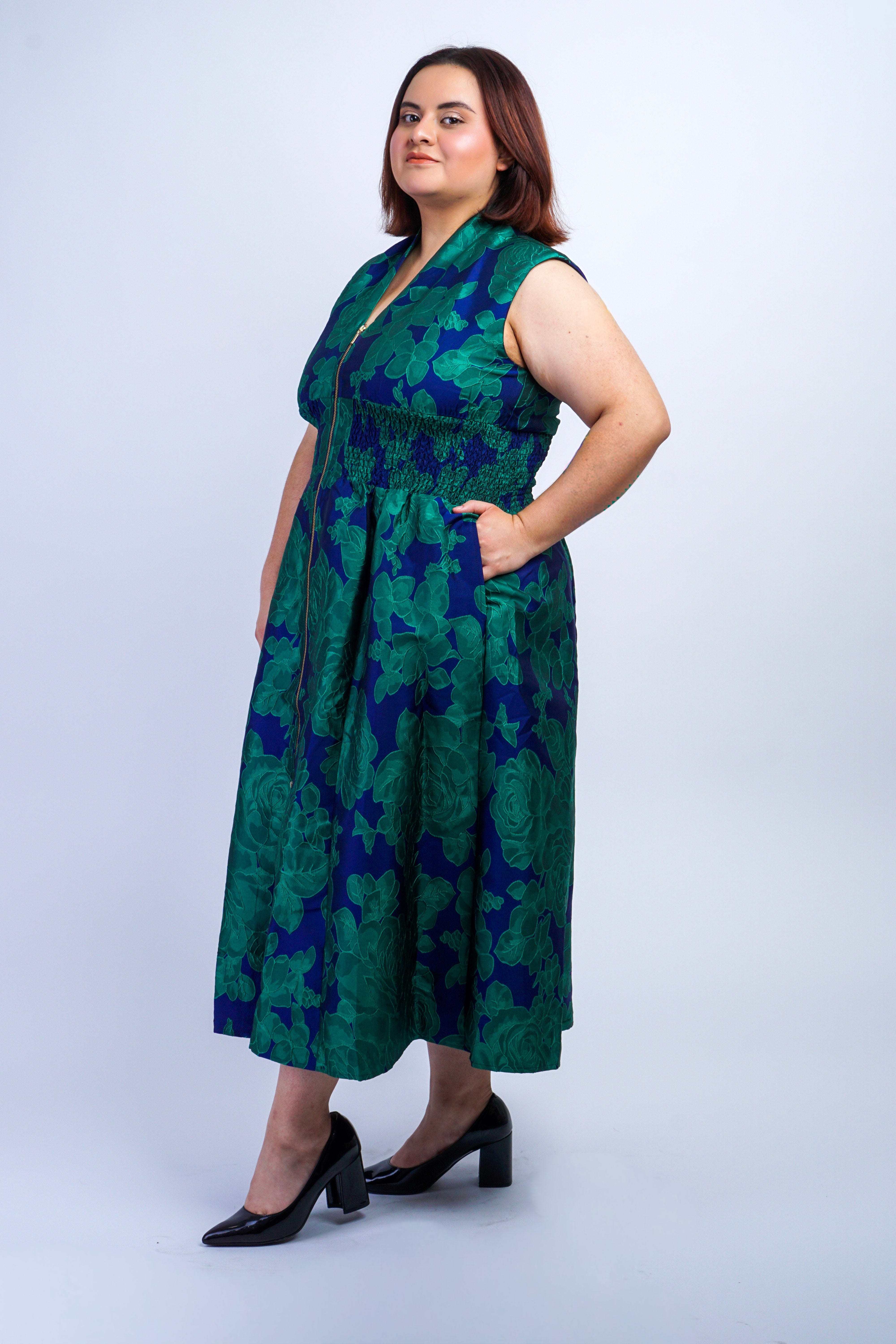 Private Label DRESSES V-Neckline Blue Green Floral Zip Front Midi Dress