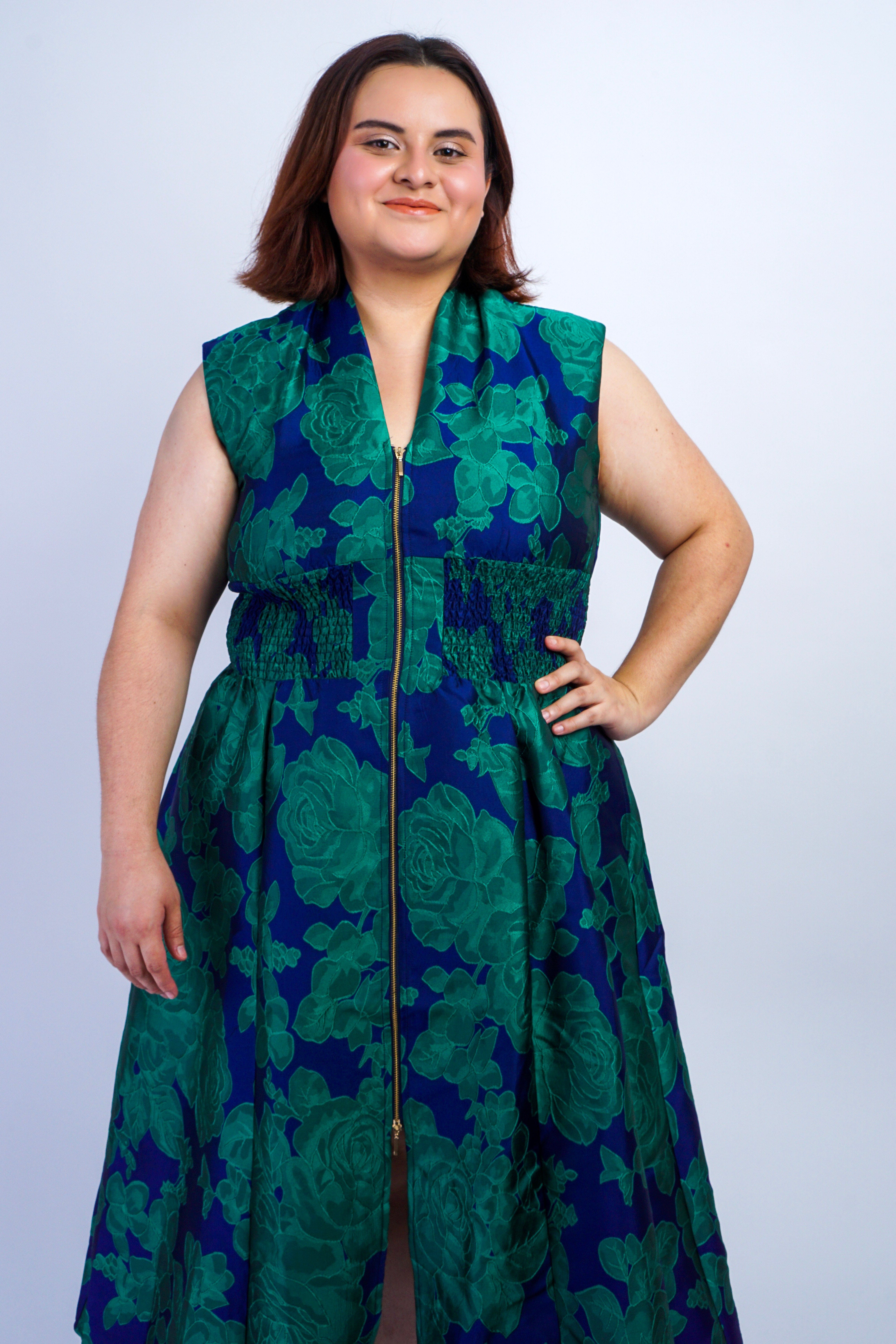 Private Label DRESSES V-Neckline Blue Green Floral Zip Front Midi Dress