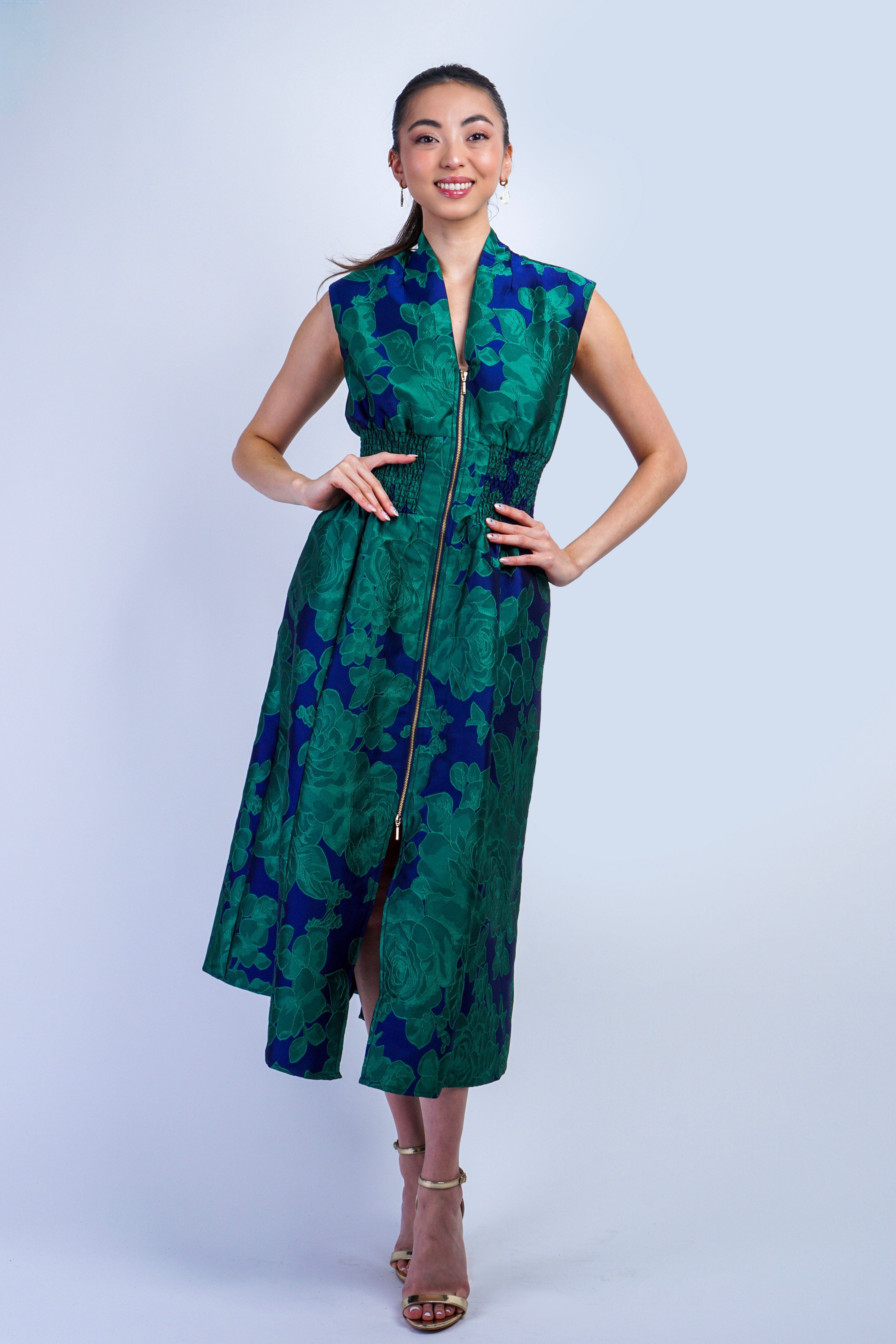 Private Label DRESSES V-Neckline Blue Green Floral Zip Front Midi Dress