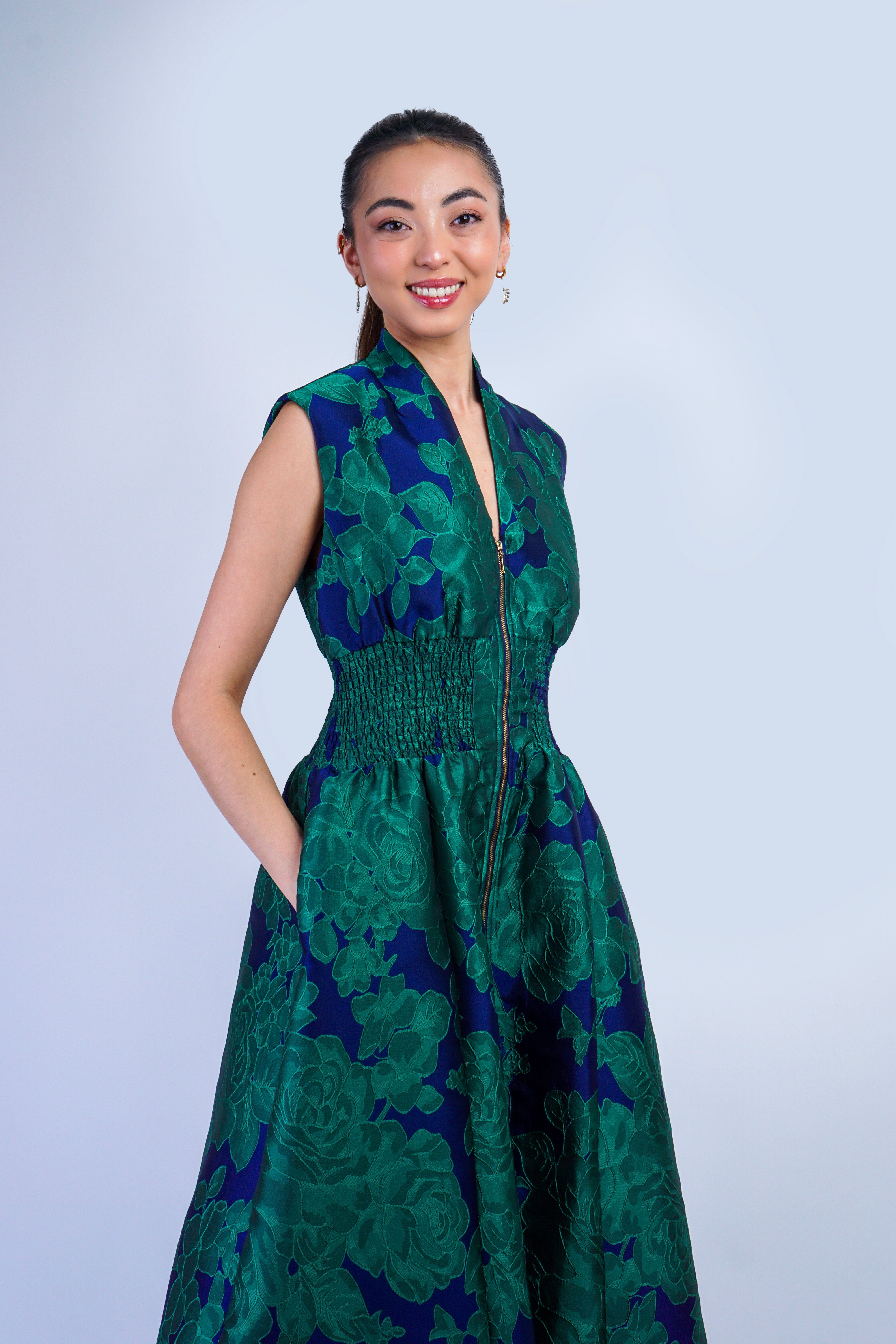 Private Label DRESSES V-Neckline Blue Green Floral Zip Front Midi Dress