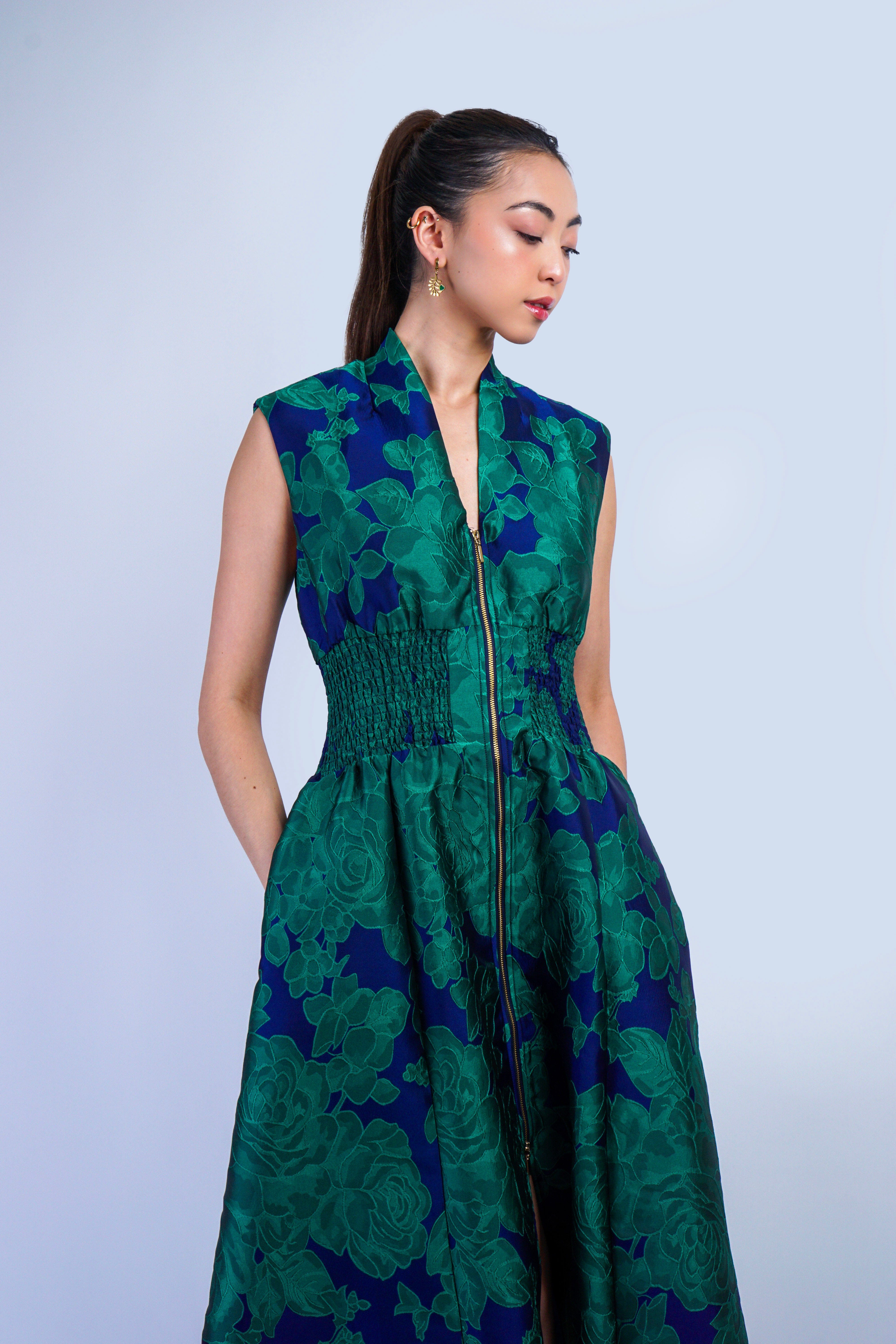 Private Label DRESSES V-Neckline Blue Green Floral Zip Front Midi Dress