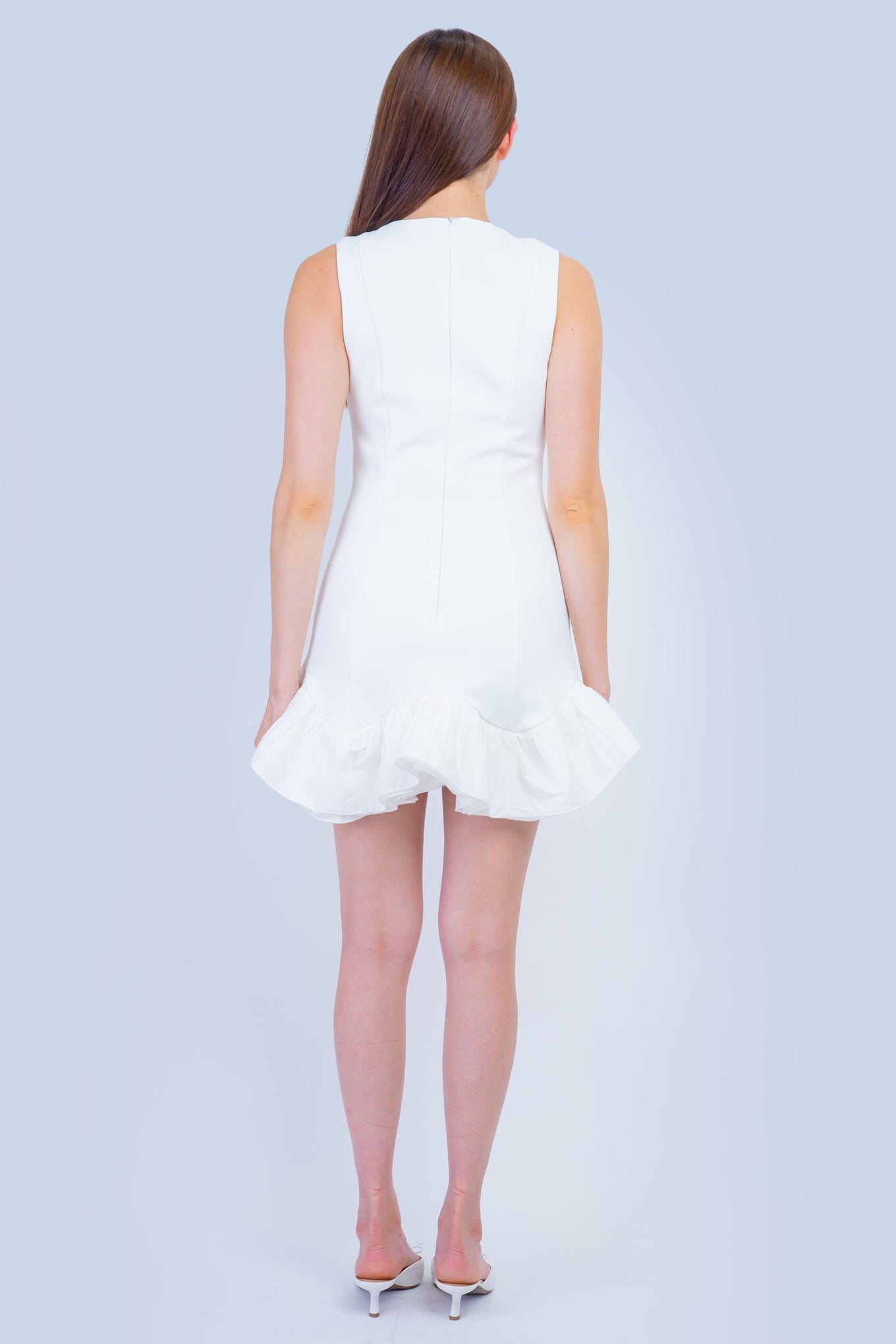 DCD DRESSES White Flutter Ruffle Hem Mini Dress