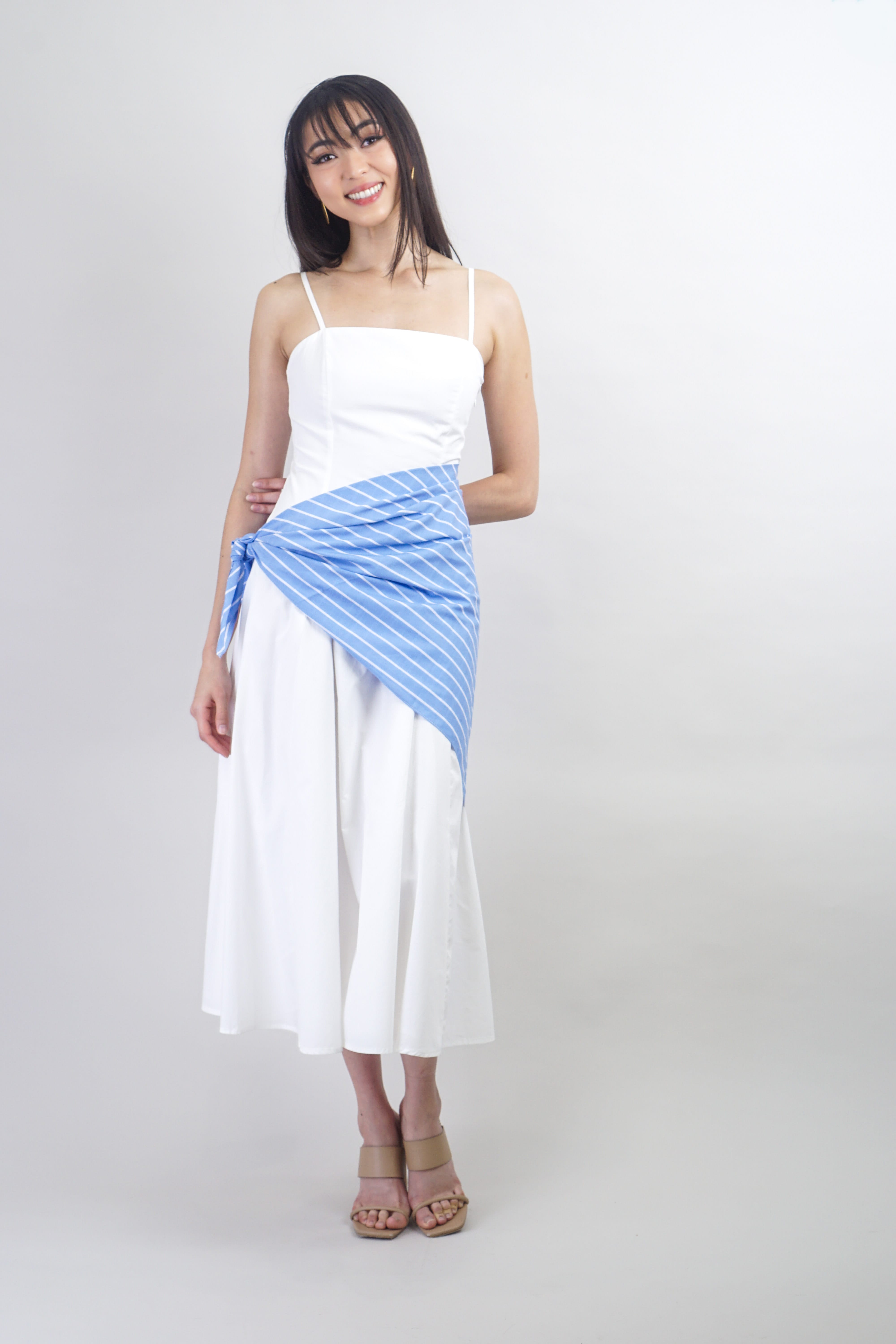 Private Label DRESSES White Midi Dress With Blue Striped Scarf
