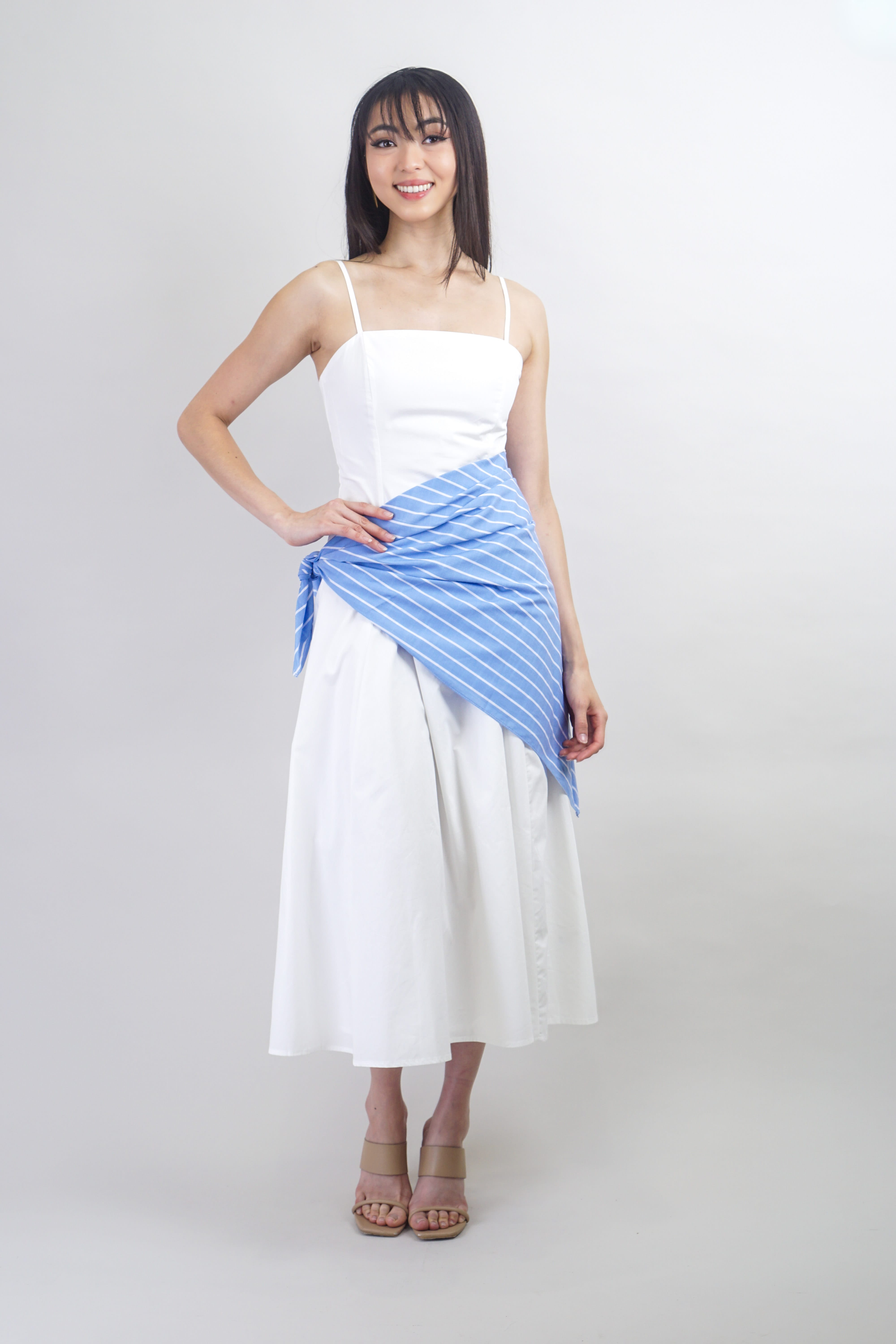 Private Label DRESSES White Midi Dress With Blue Striped Scarf