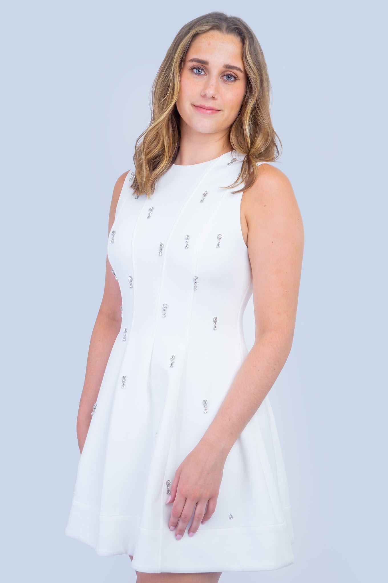 DCD DRESSES White Rhinestone Skater Dress