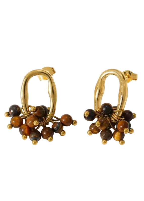 Private Label EARRINGS 18K Gold Plated Stainless Steel Tiger Eye Bead Next To Shell Earrings Casual Elegant Cute Women Style Romantic Jewelry Accessories