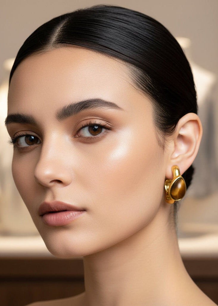 Private Label EARRINGS 73# Gold (Real Gold Plating) Copper Tiger Eye Teardrop Earrings