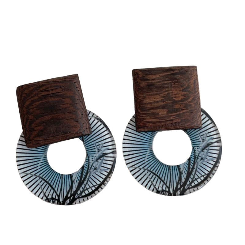 Private Label EARRINGS Blue Wooden Acrylic Earrings Acrylic And Wooden Round Earrings