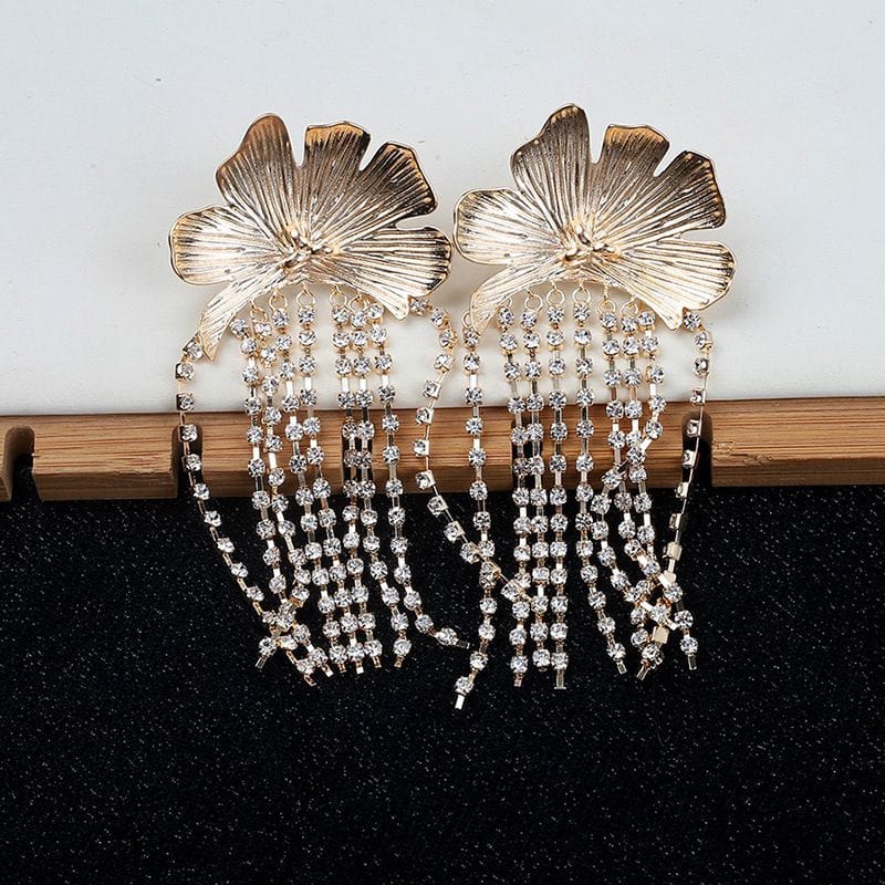 DCD EARRINGS Gold Pair Alloy Diamond Claw Chain Flower Earrings