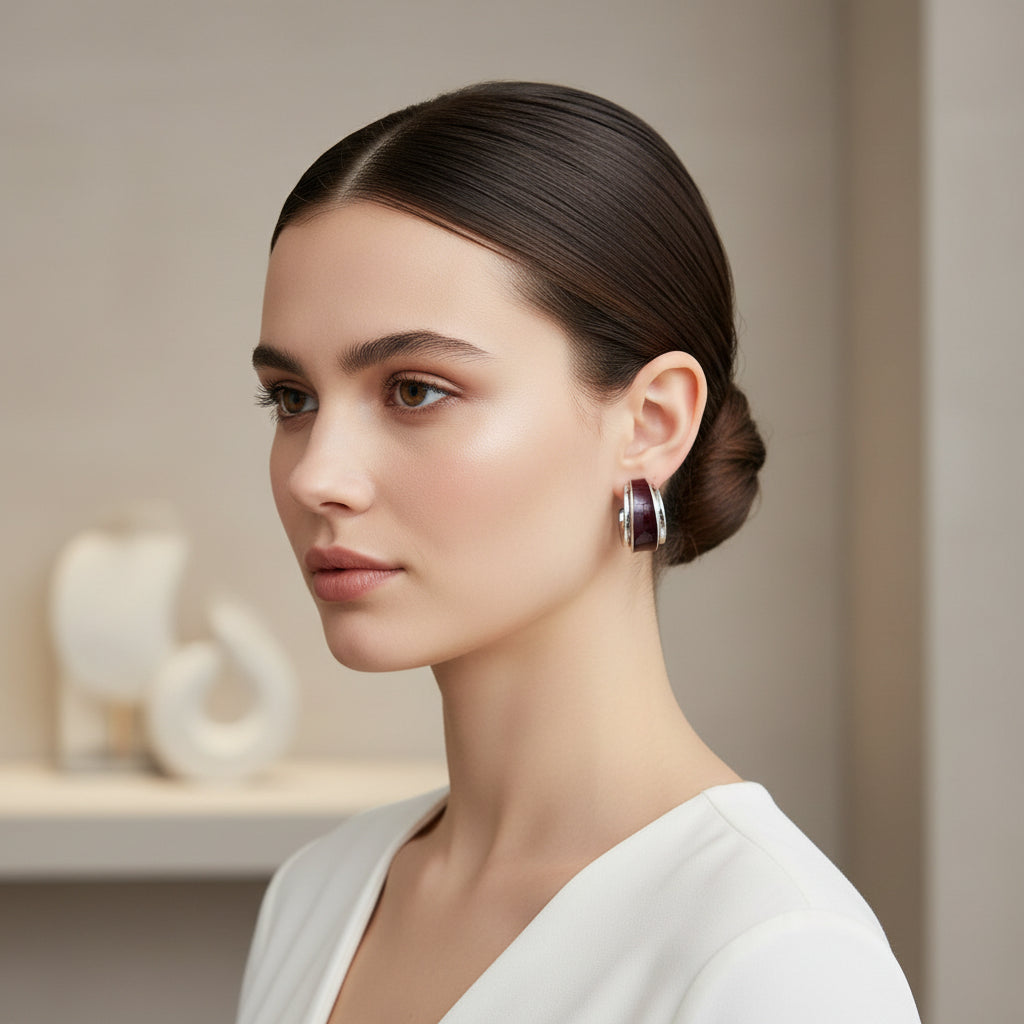 Private Label EARRINGS Silver Burgundy Earrings Metal Double-Layer C-Shaped Earrings