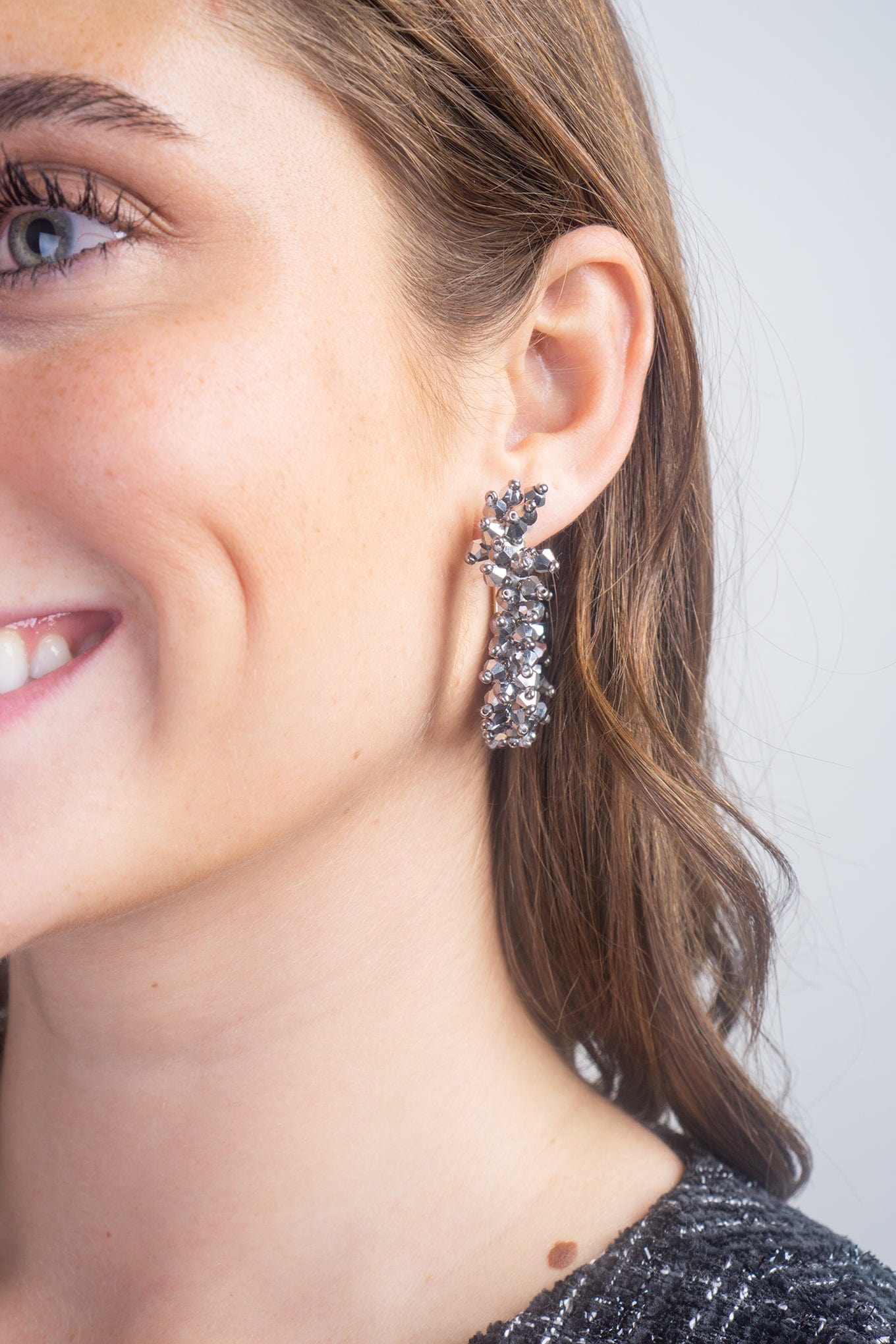 DCD EARRINGS Silver Hematite 40mm Metal and Beads Hoop Earring