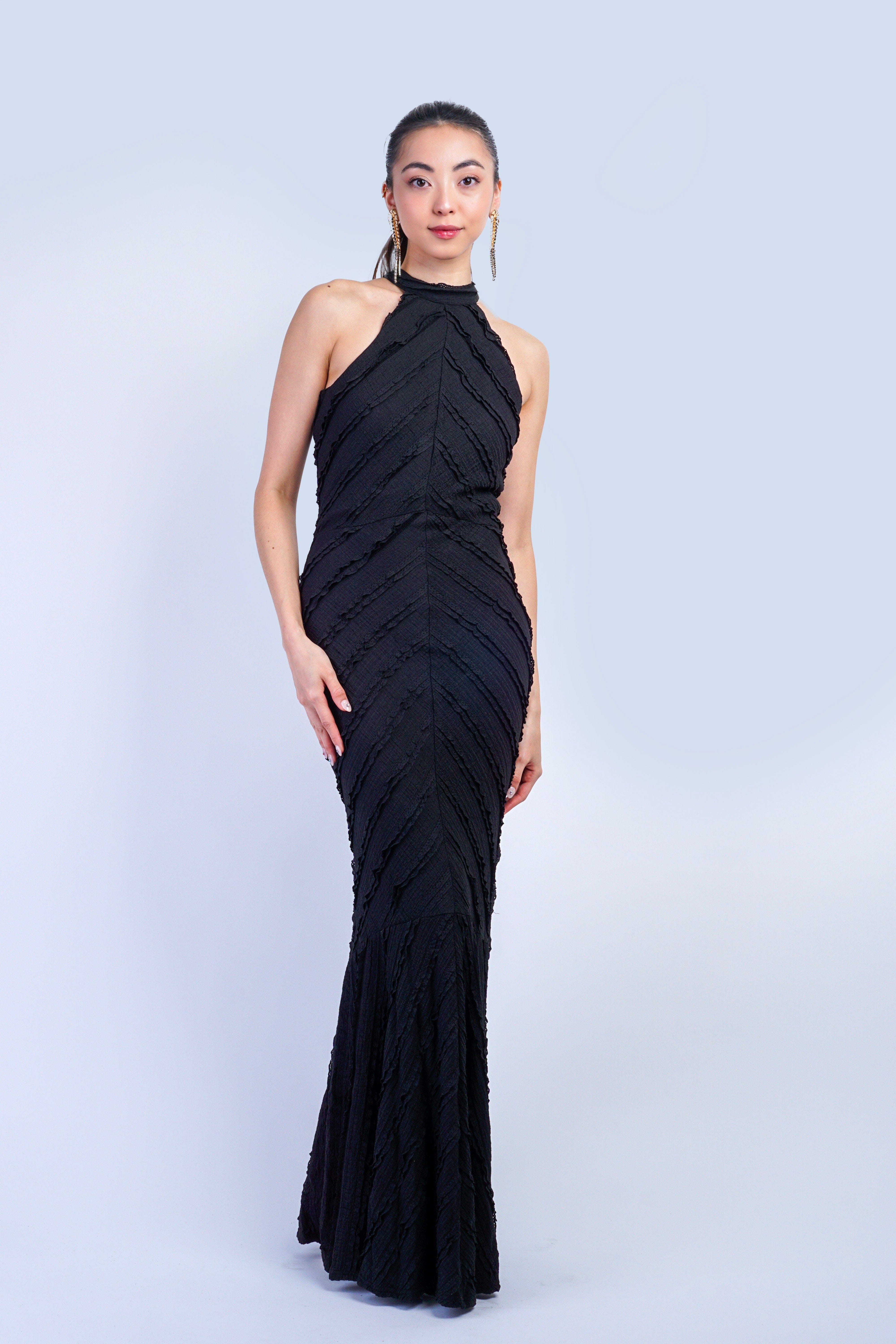 Private Label GOWNS Black Chevron Lace Halter Gown