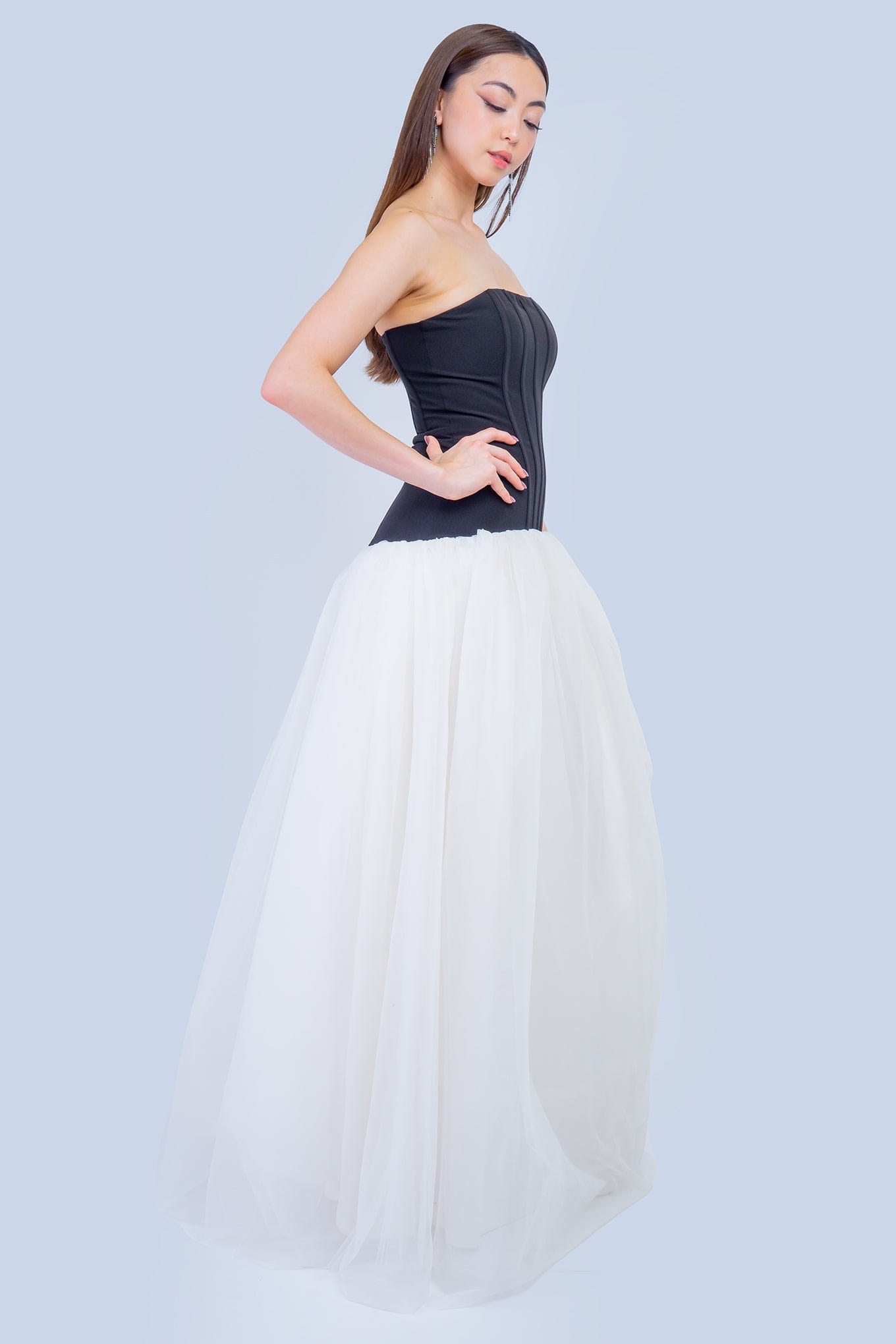 DCD GOWNS Black Corset Drop Waist Ivory Tulle Gown