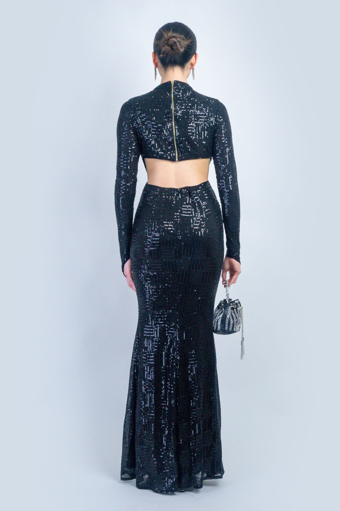 DCD GOWNS Black Long Sleeve Fitted Sequin Gown w/ Finger Glove