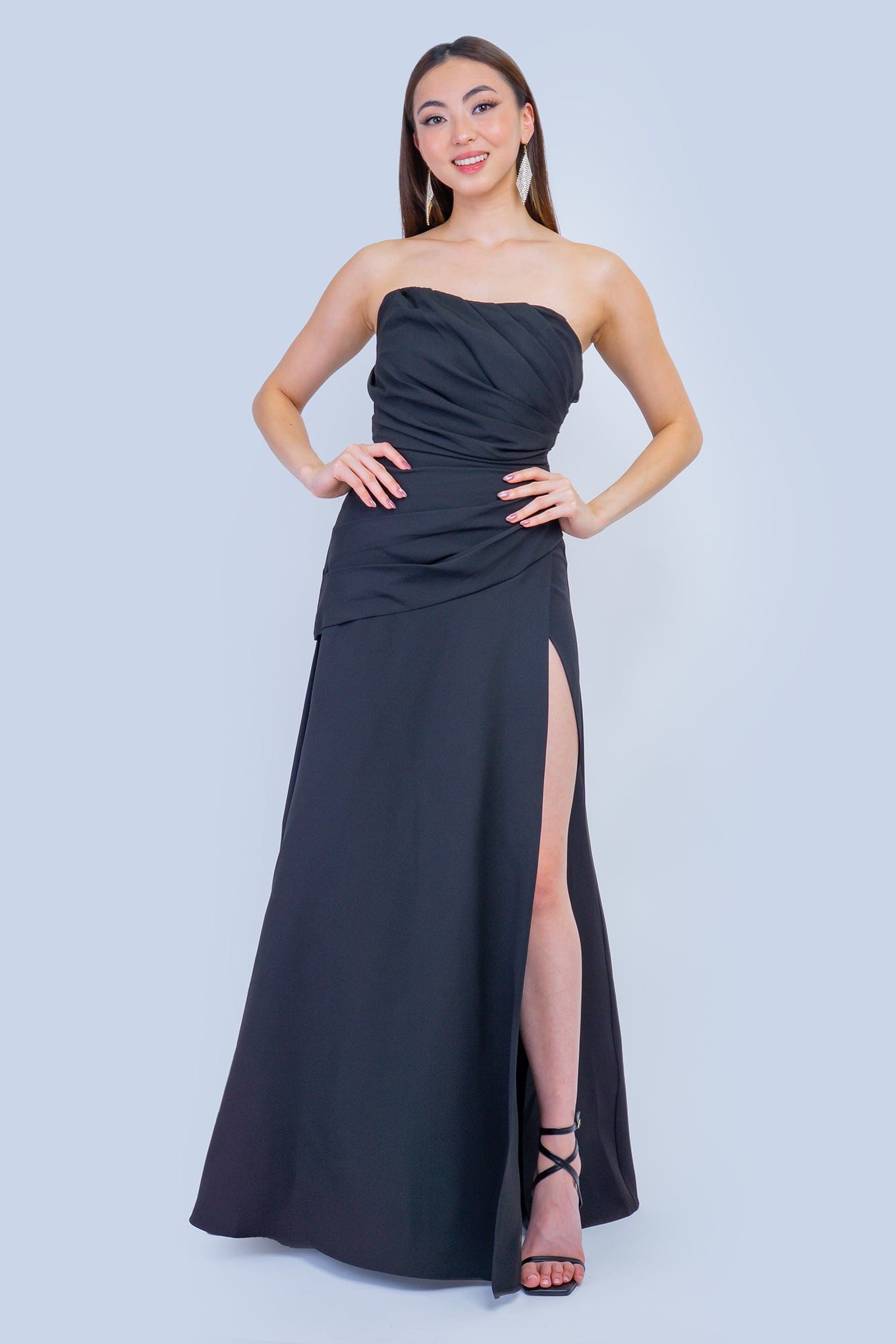 DCD GOWNS Black Strapless Classic Side Drape Gown