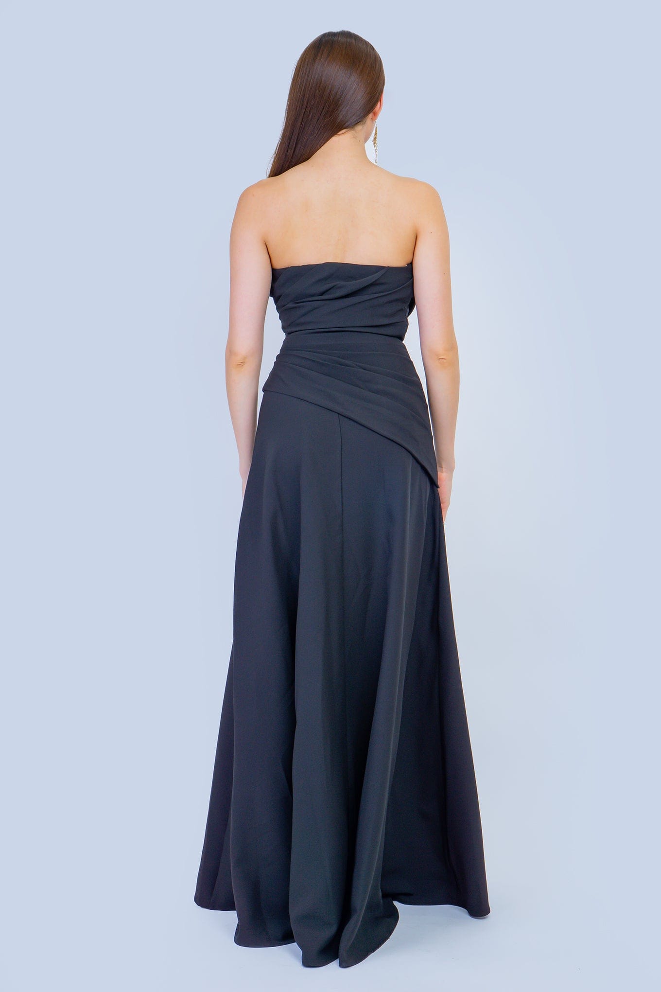 DCD GOWNS Black Strapless Classic Side Drape Gown
