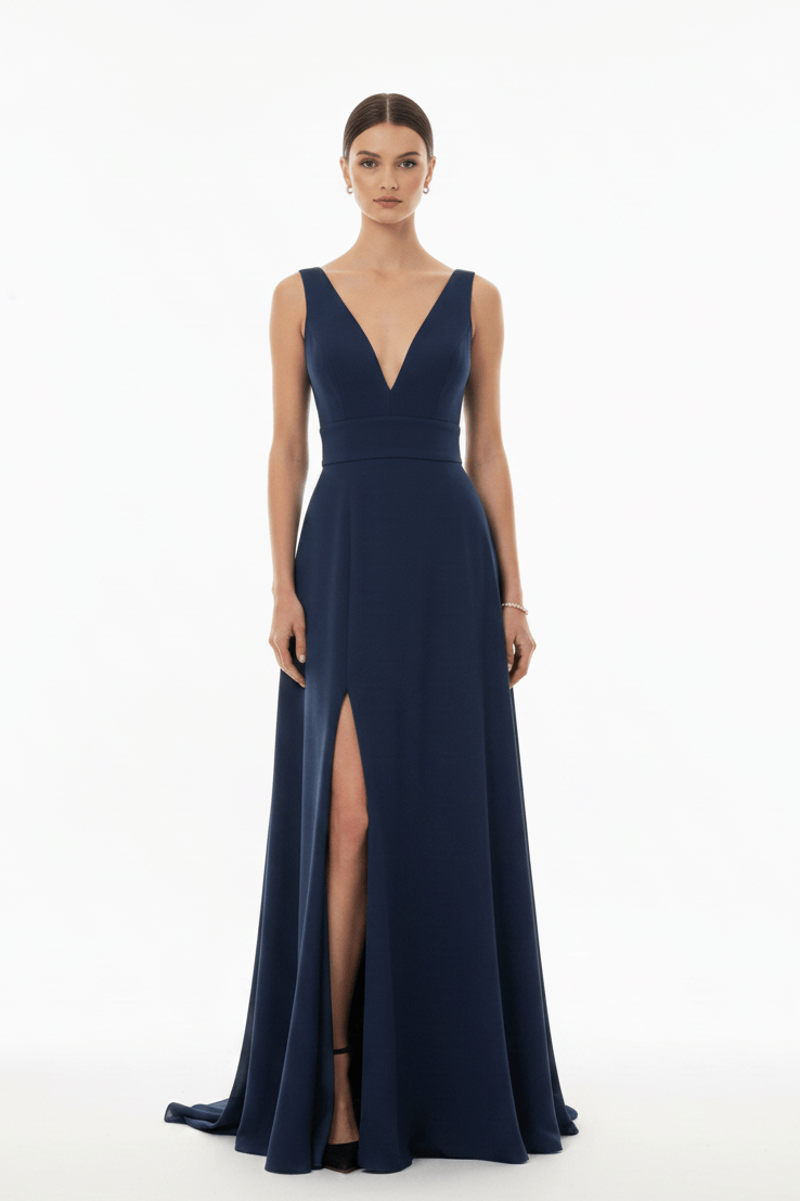 Chloe Dao GOWNS Dark Blue V Neck Front Slit Soraya Gown